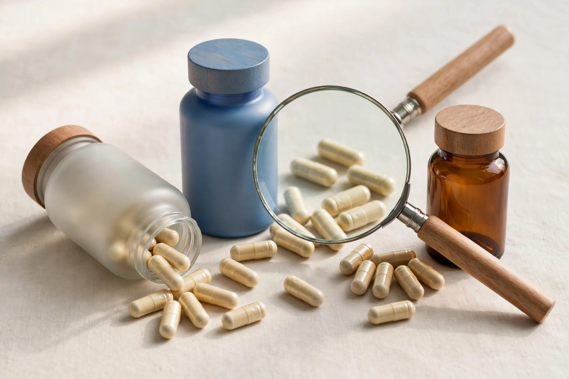 Supplement bottles and capsules under a magnifying glass, symbolizing careful review of sleep aid ingredient evidence