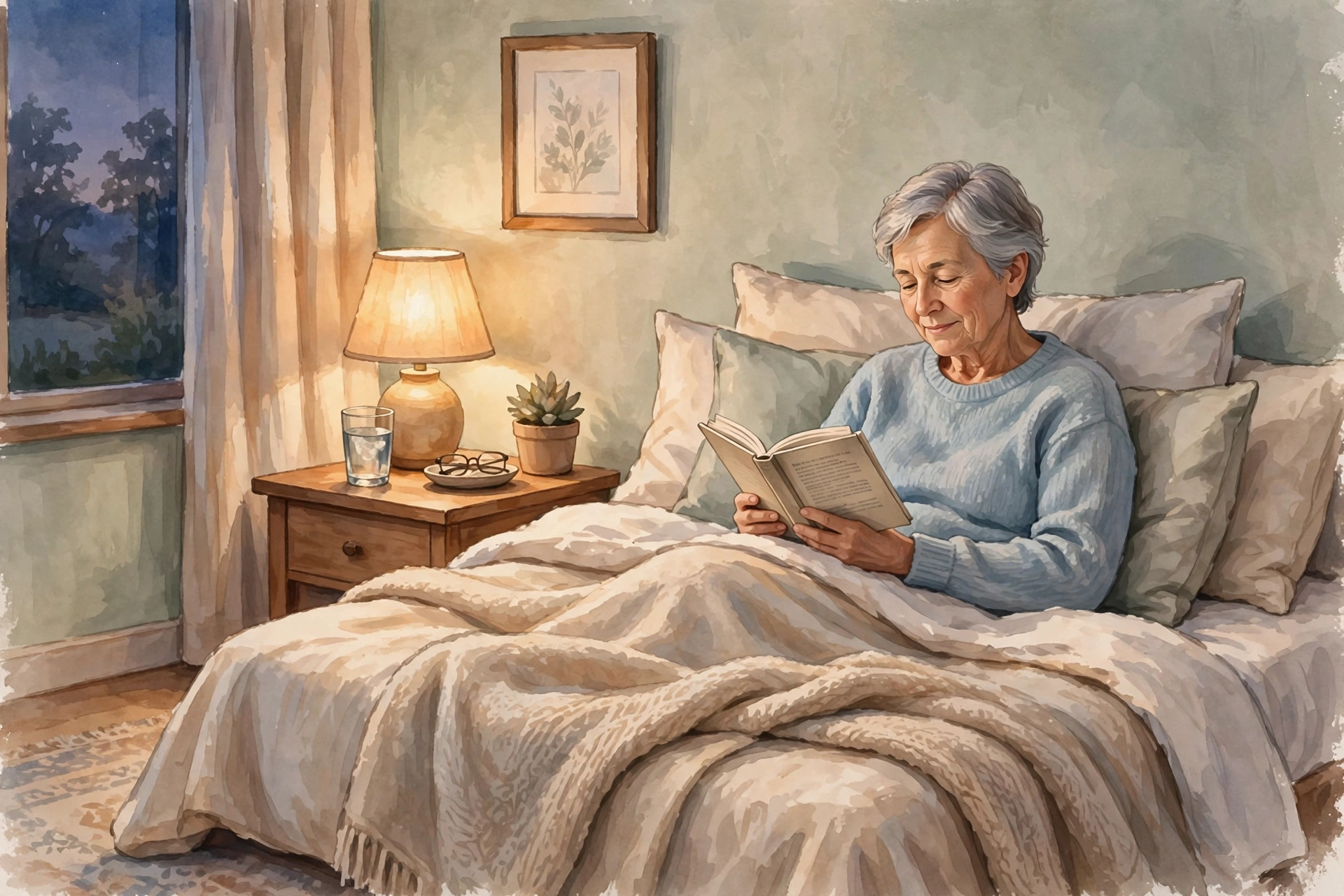 Older adult reading in bed in a calm, warmly lit bedroom, illustrating sleep safety for older adults