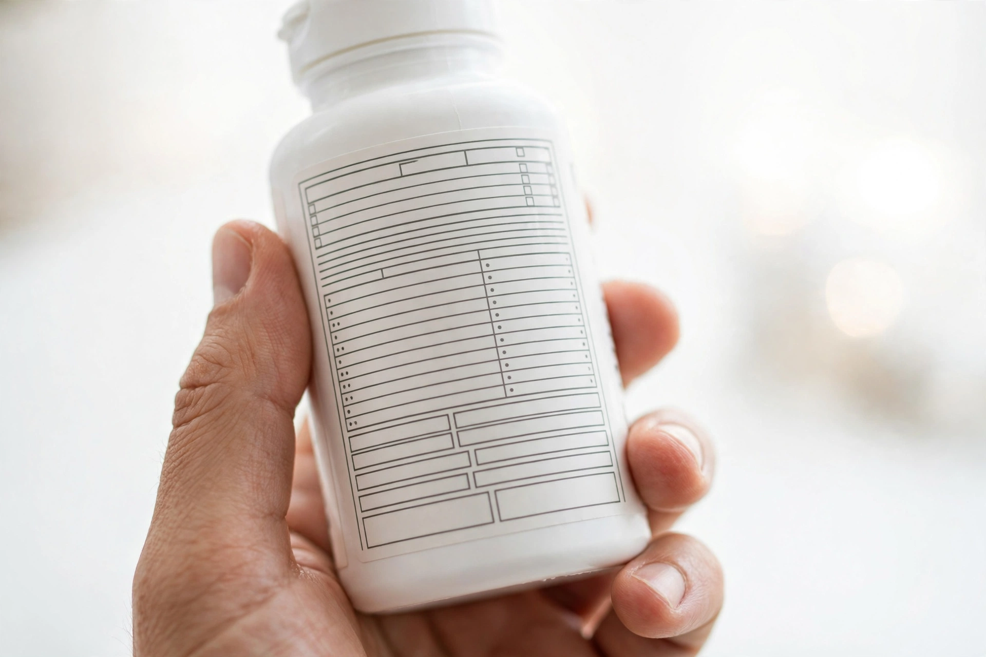 Hand holding a supplement bottle turned to show its Supplement Facts label panel