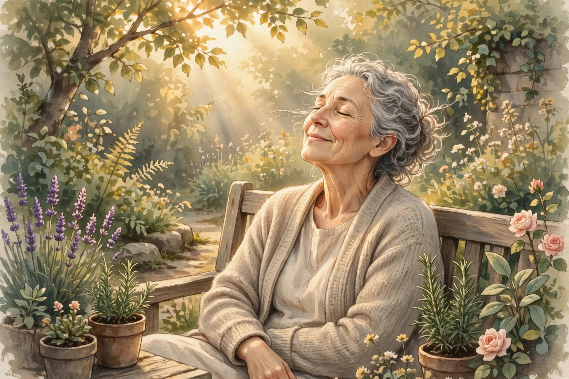 Older adult enjoying gentle morning sunlight in a garden, a natural source of vitamin D