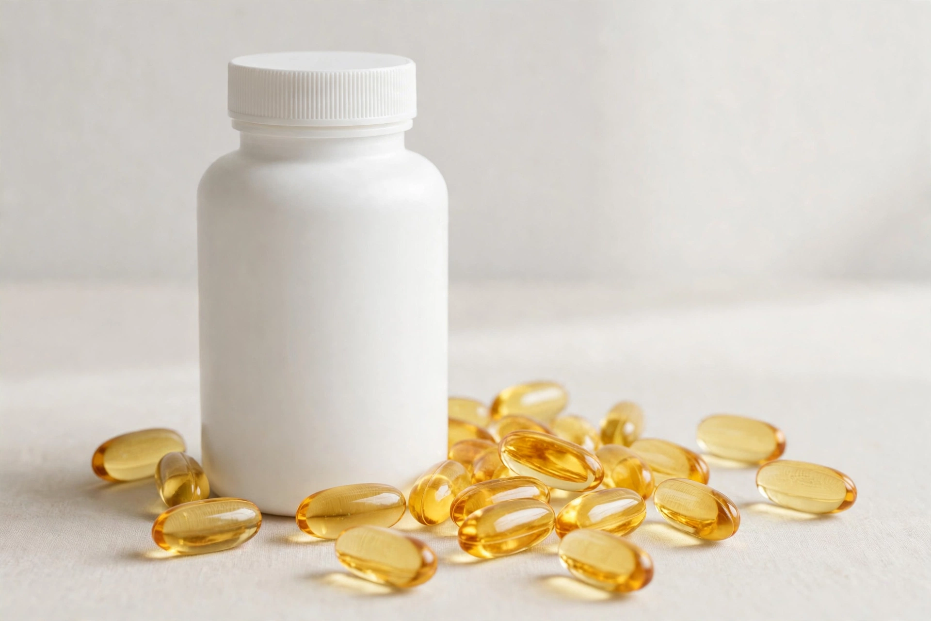 Vitamin D supplement bottle with golden softgel capsules beside it