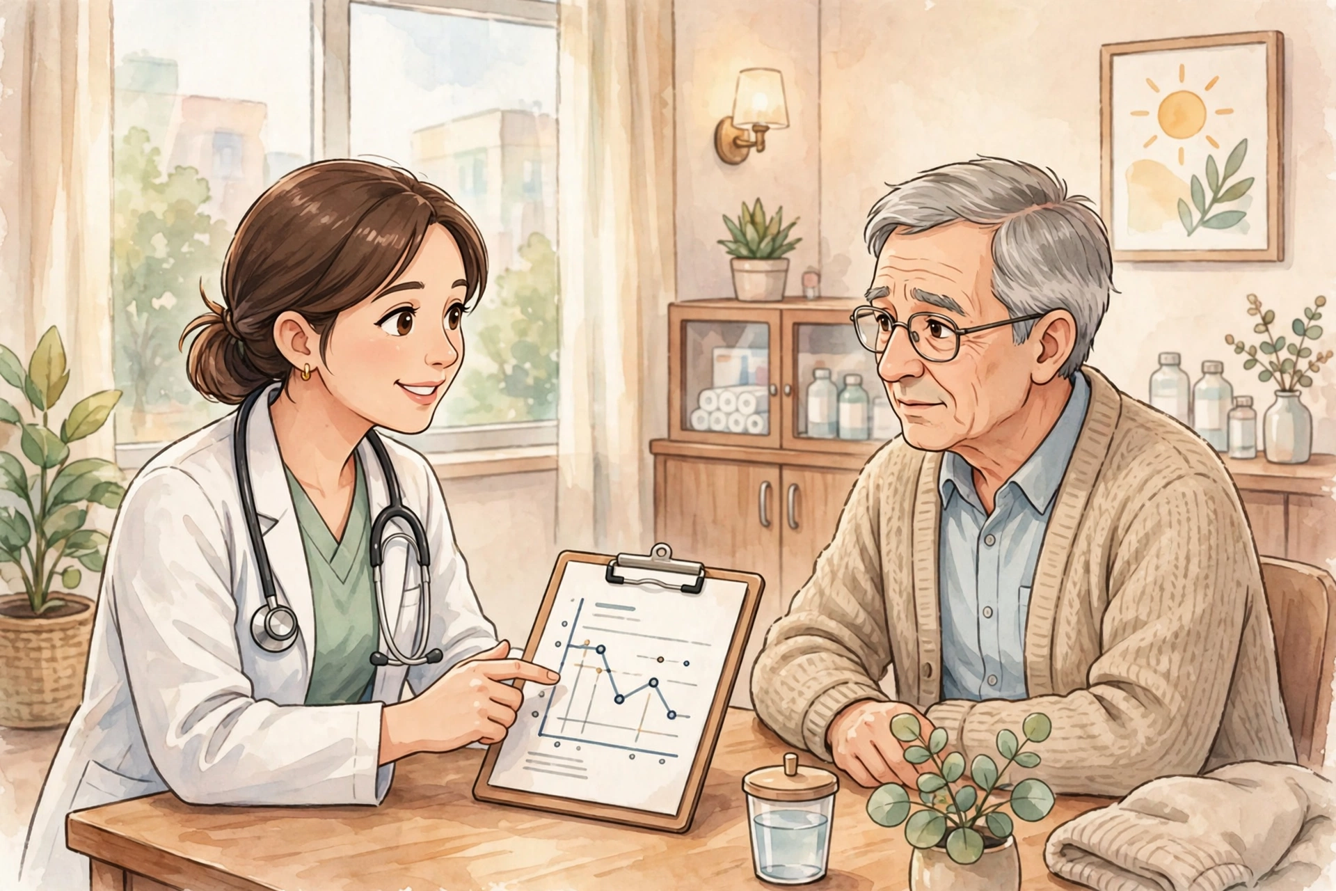 Doctor discussing blood test results with an older patient, representing vitamin D deficiency testing