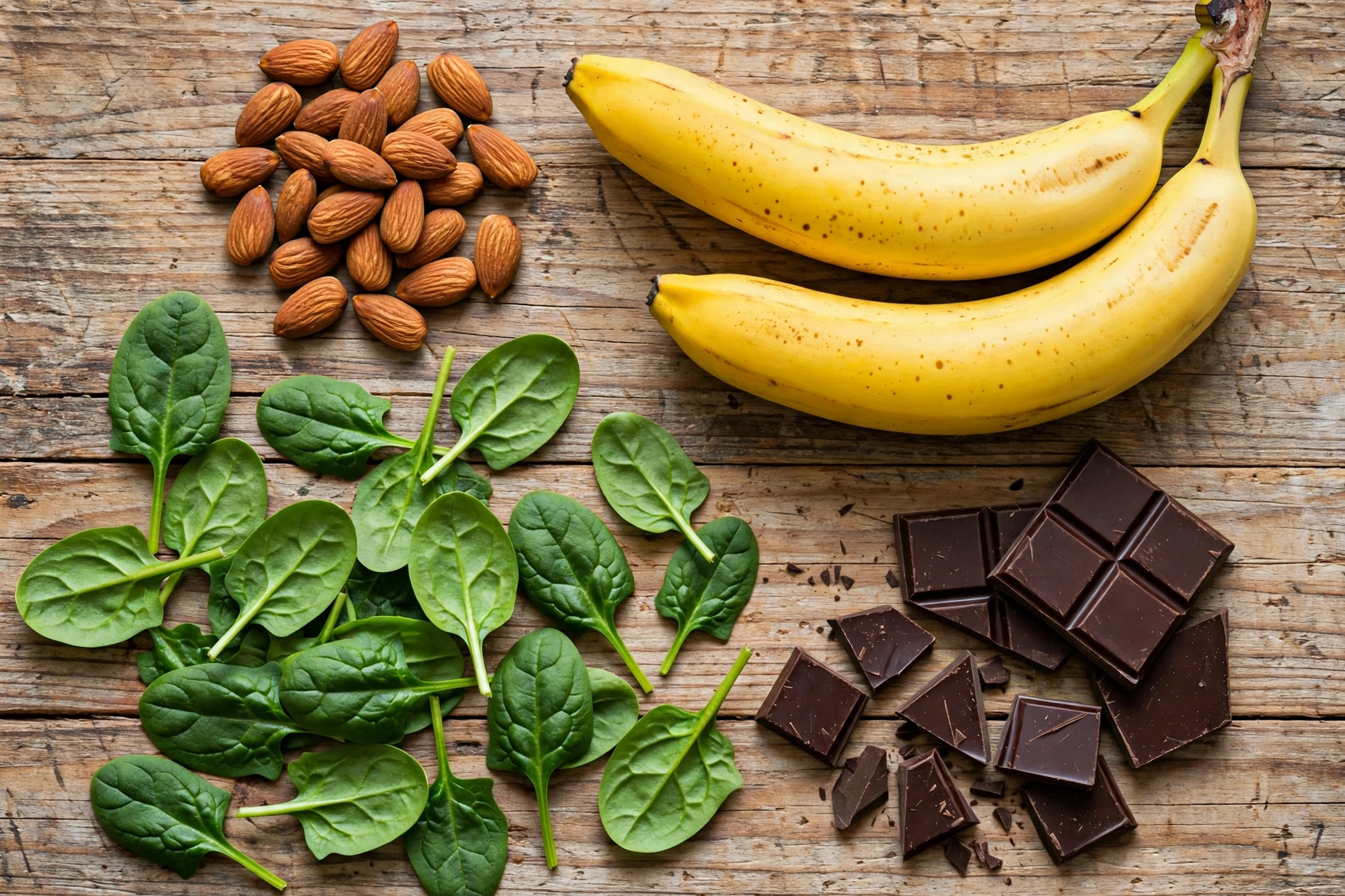 Almonds, spinach, bananas, and dark chocolate arranged as magnesium-rich foods