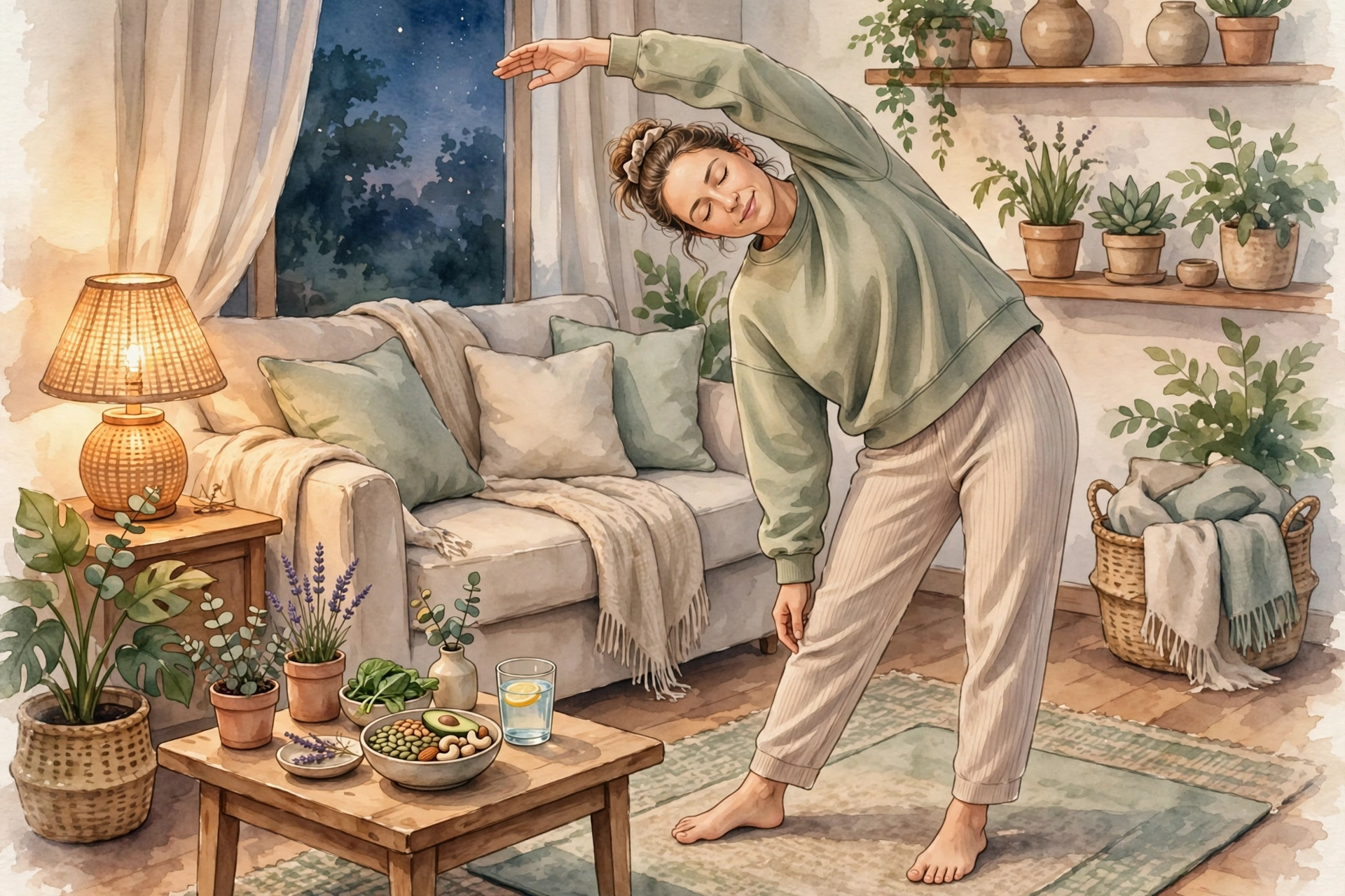 Woman doing a gentle side stretch in a cozy living room at night, with magnesium-rich foods and water on a nearby table