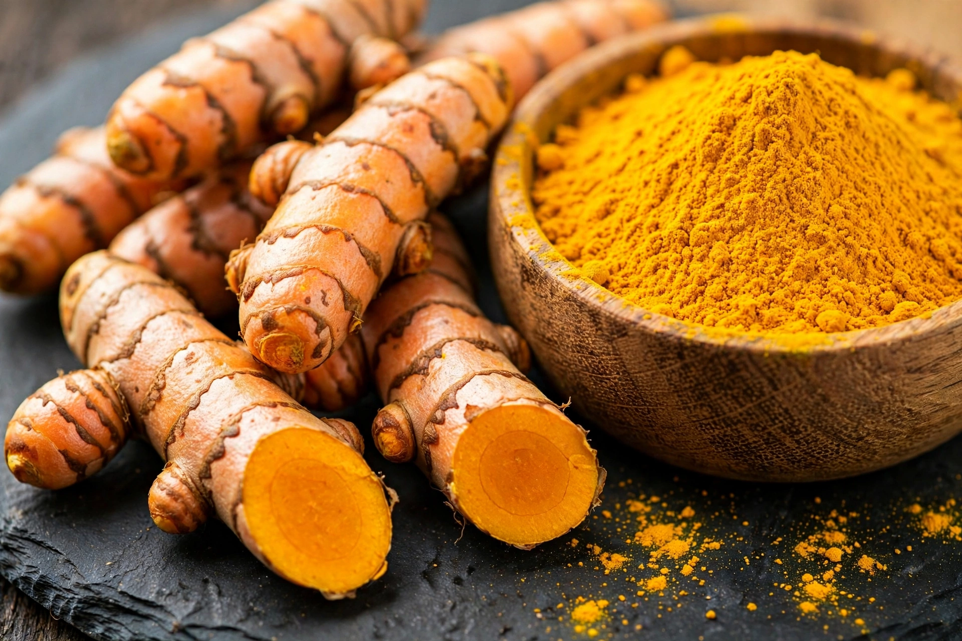 Fresh turmeric roots beside a bowl of bright golden turmeric powder
