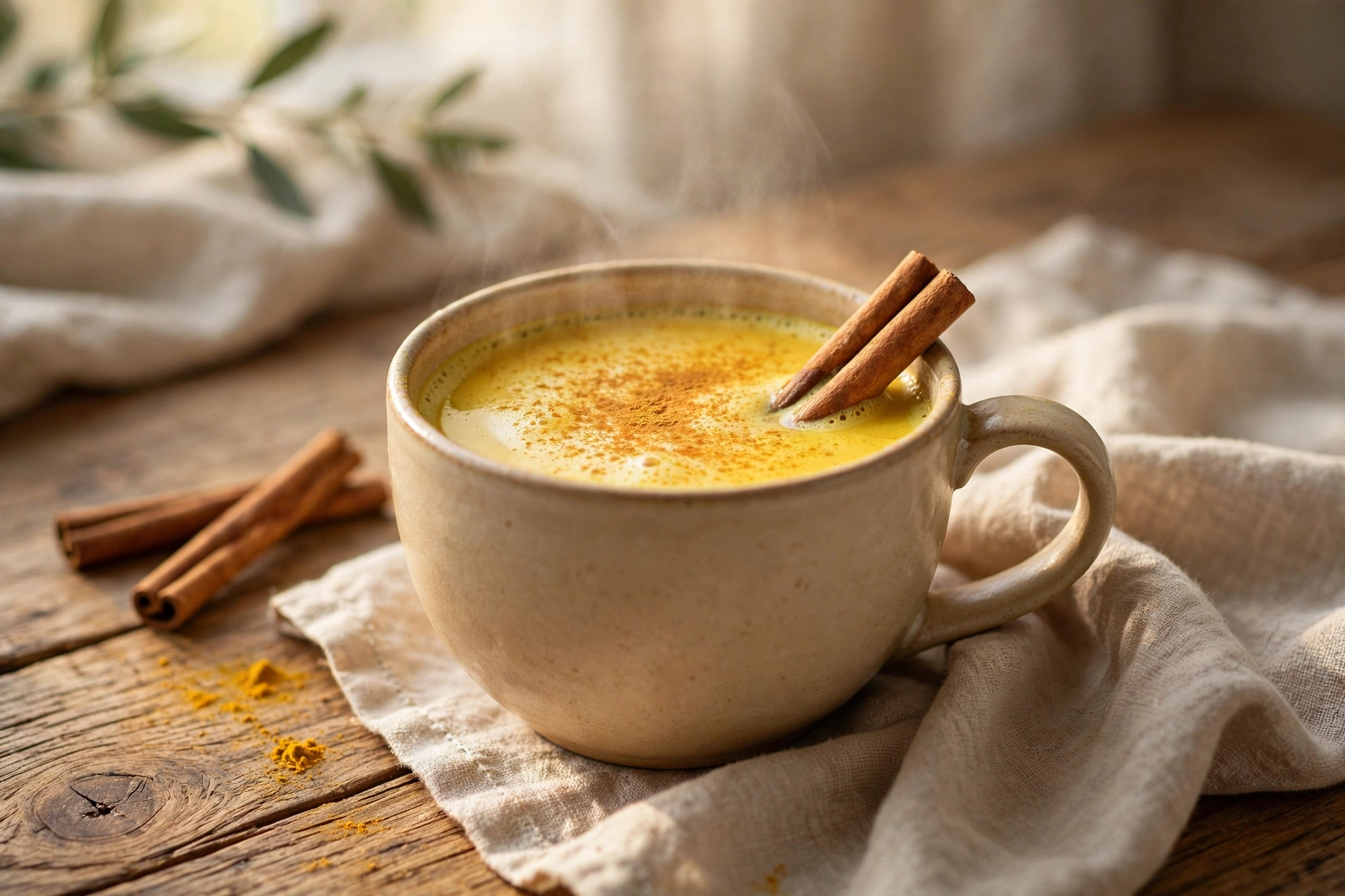 Warm cup of golden turmeric milk with cinnamon sticks
