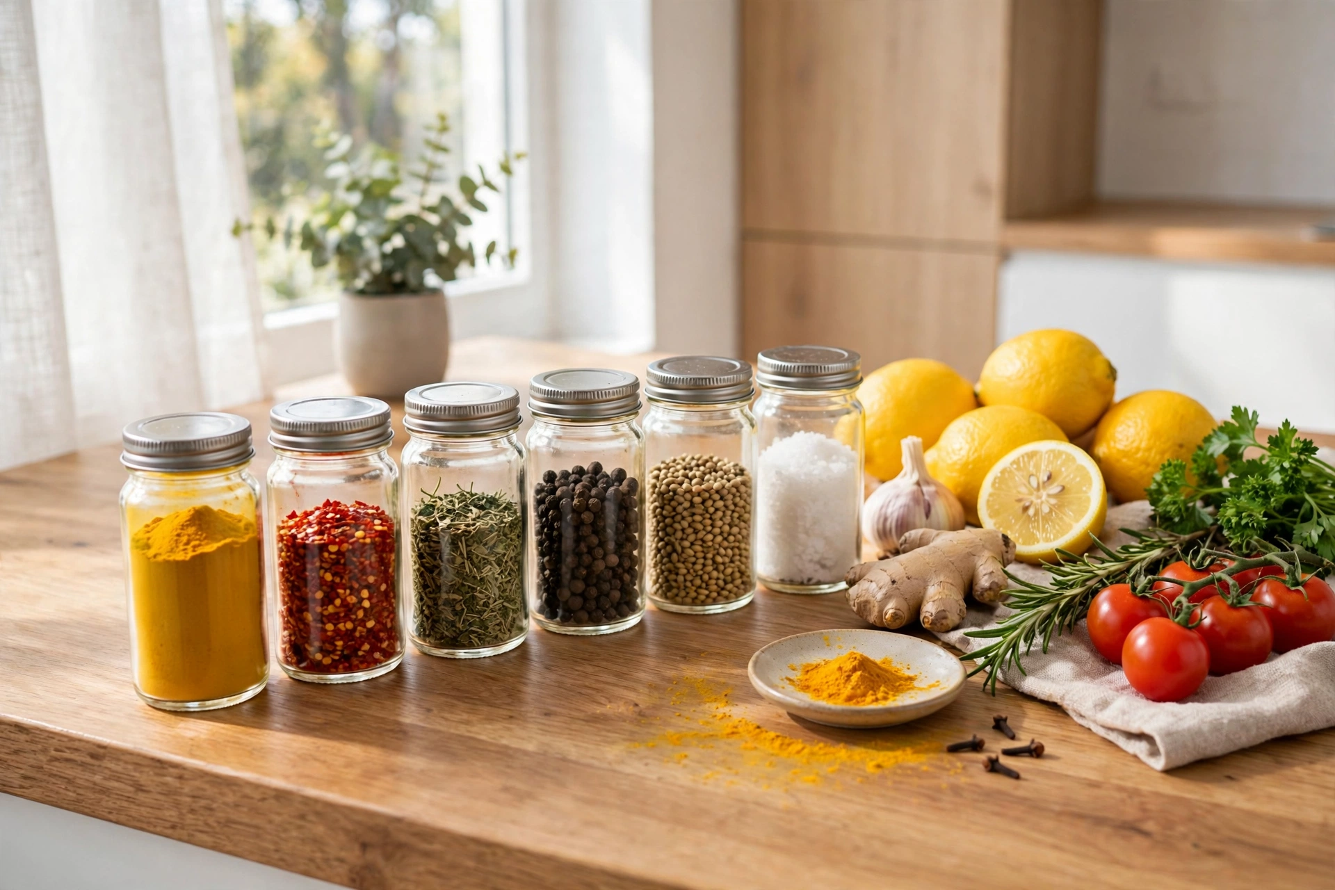 Spice jars including turmeric arranged on a bright kitchen counter