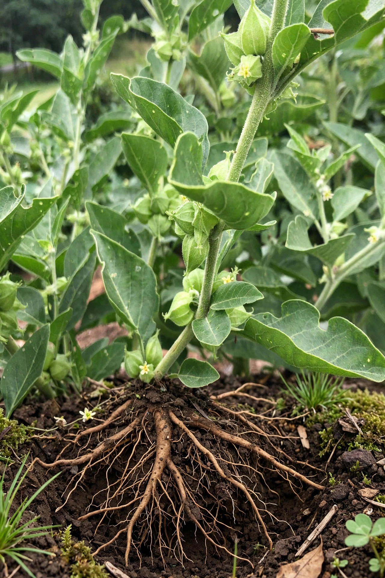 Ashwagandha plant with green leaves and visible roots in soil