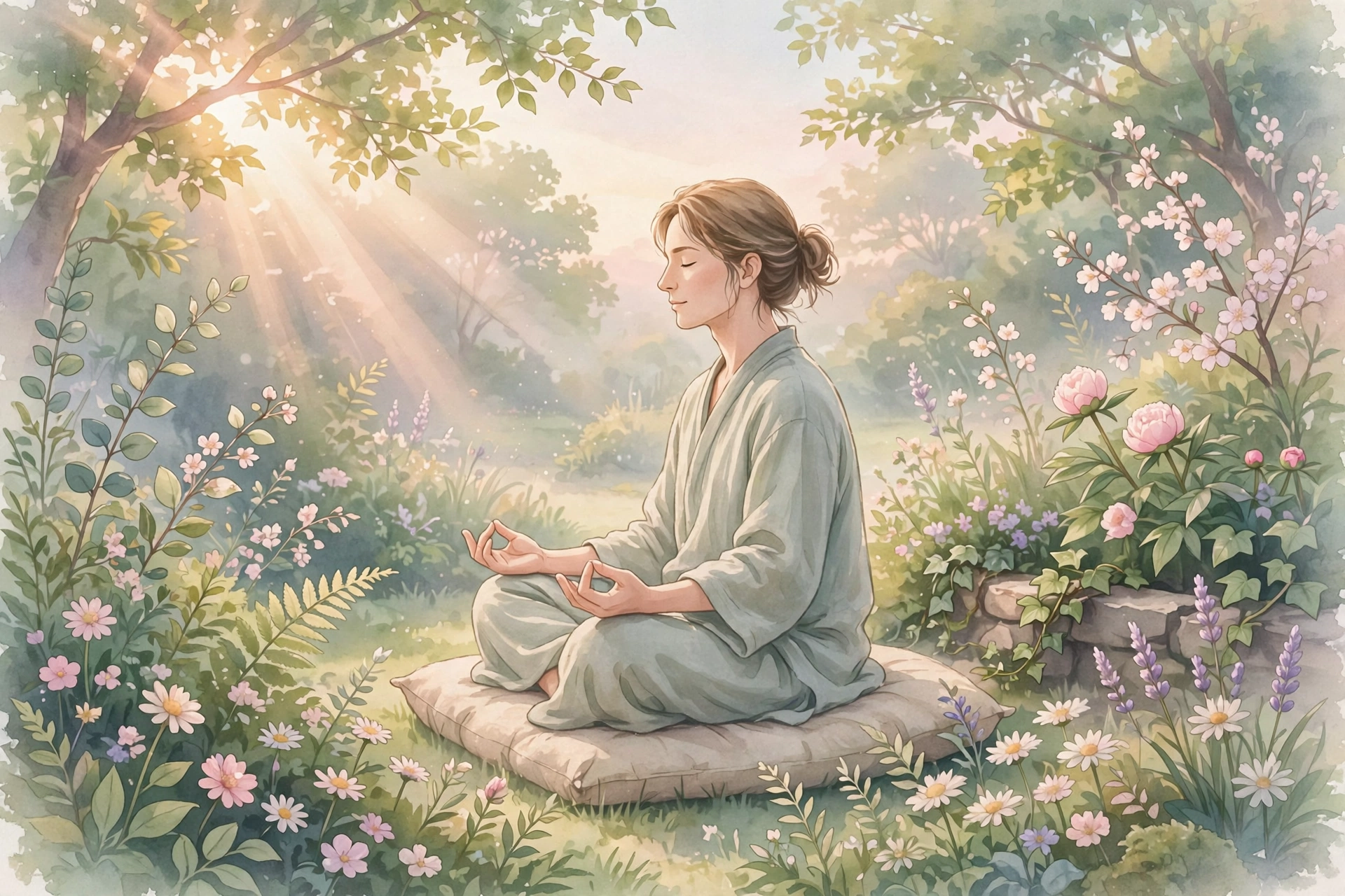 Person meditating peacefully in a garden at sunrise