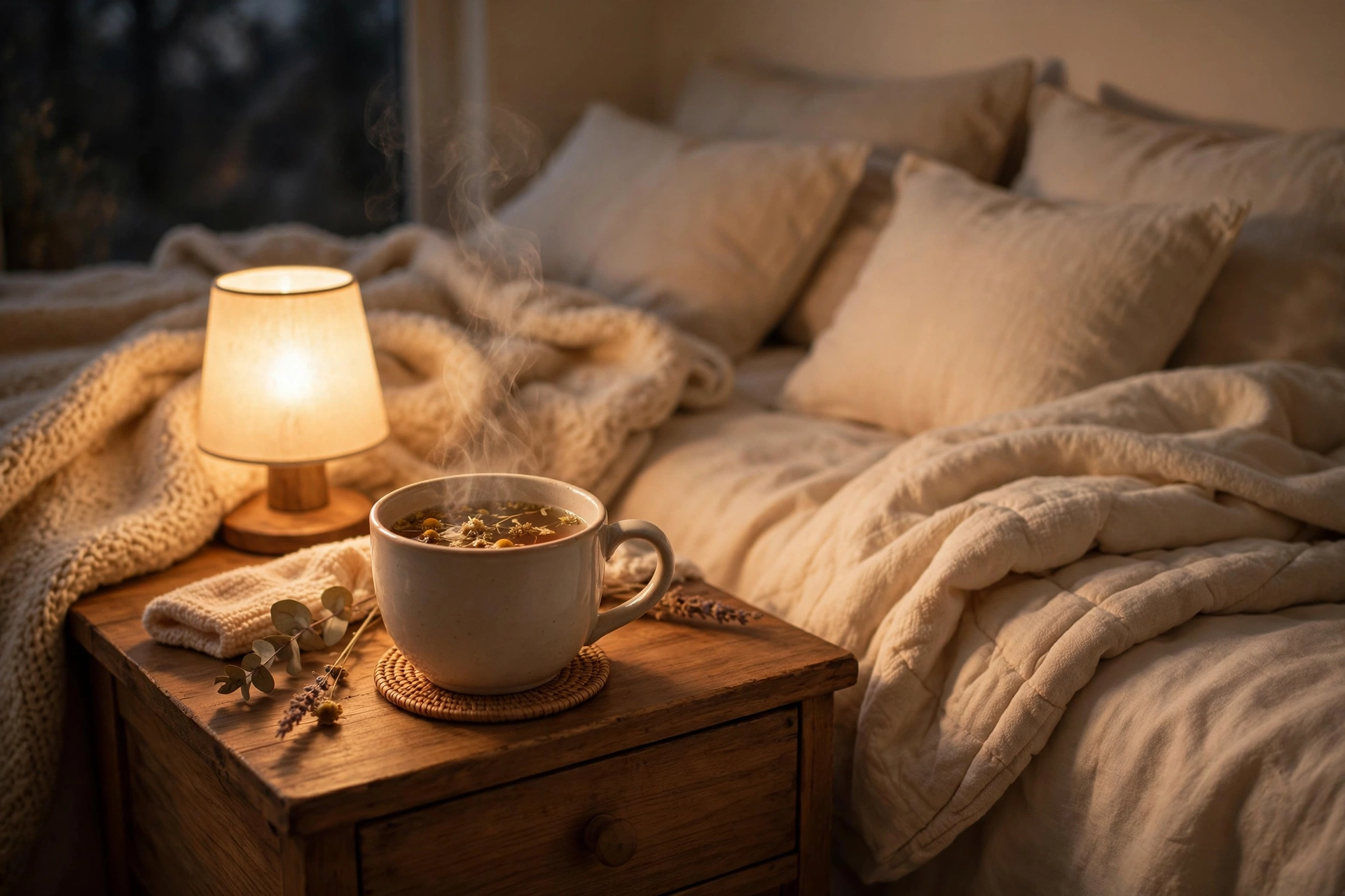 Steaming cup of herbal tea on a nightstand beside a bed