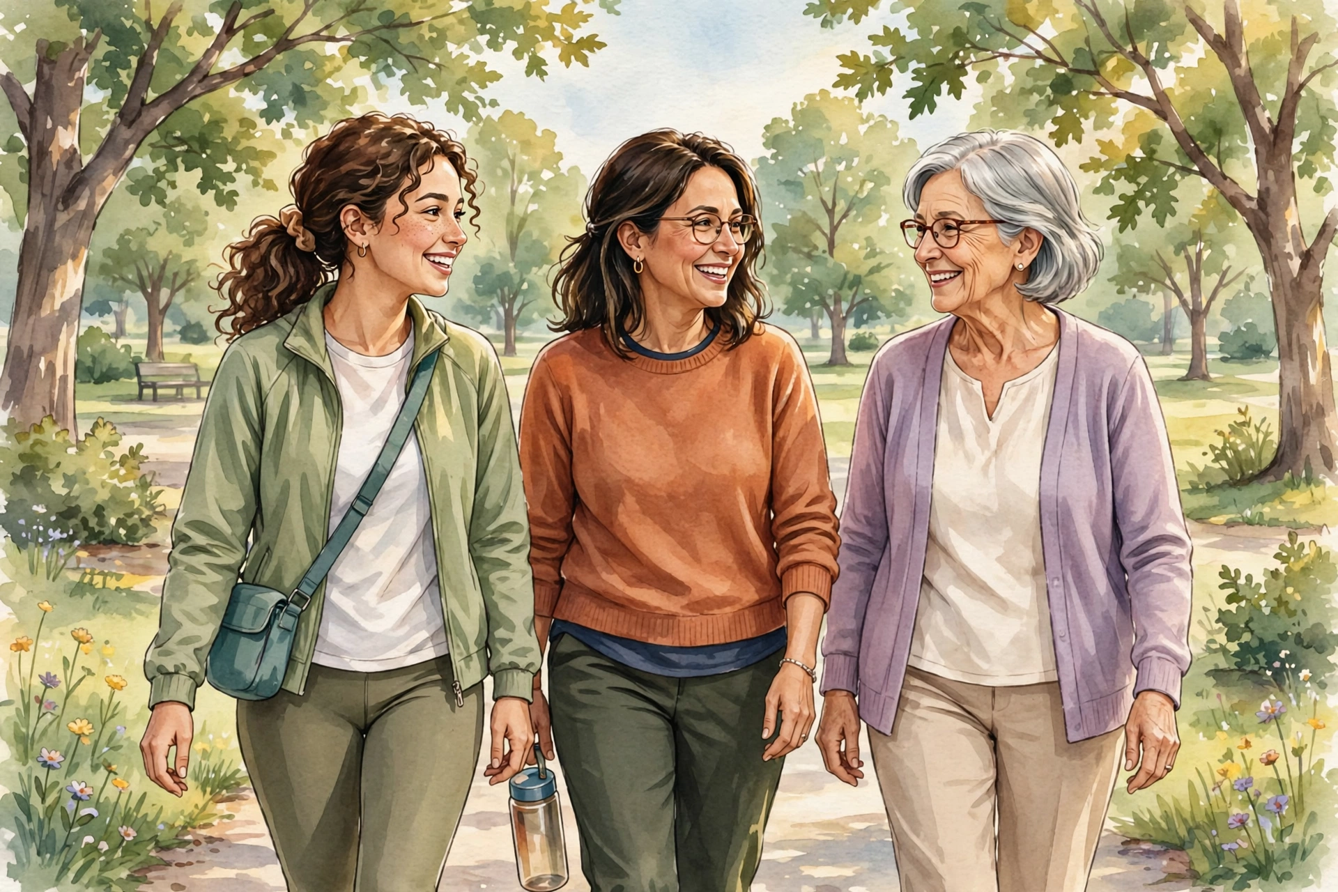 Three women of different ages walking together in a sunny park, representing women's health across life stages
