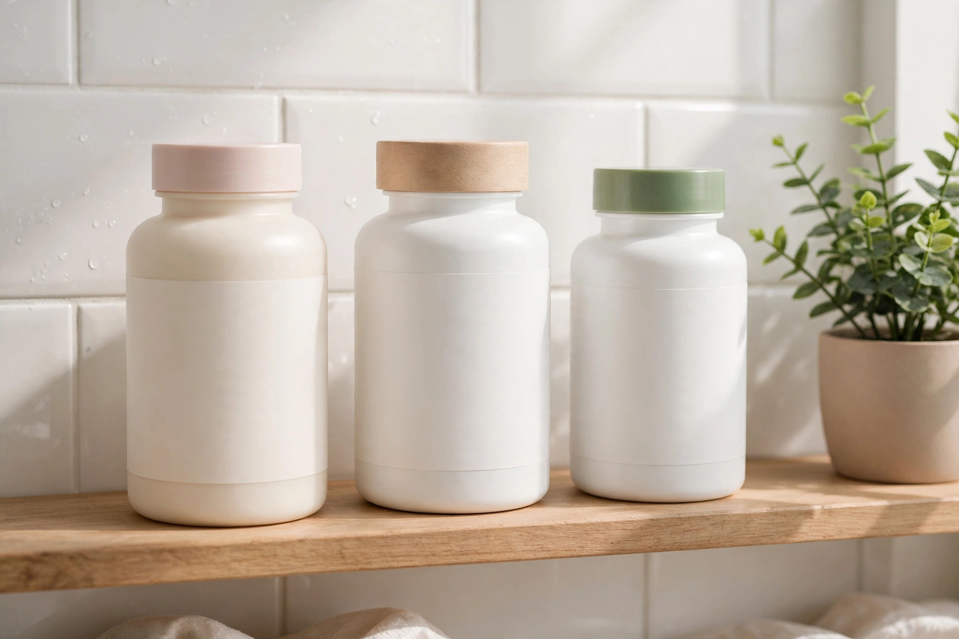 Supplement bottles for prenatal vitamins and calcium on a bright shelf