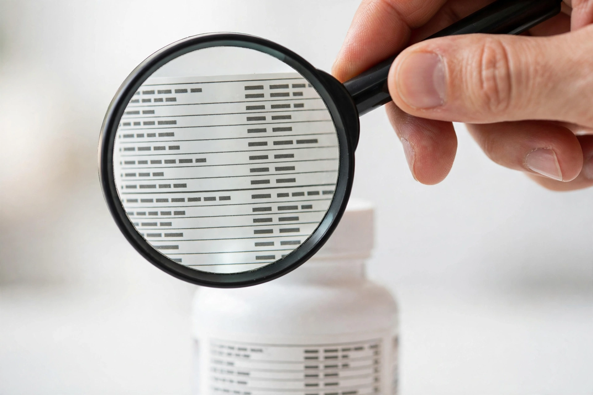 Magnifying glass held over a supplement facts label