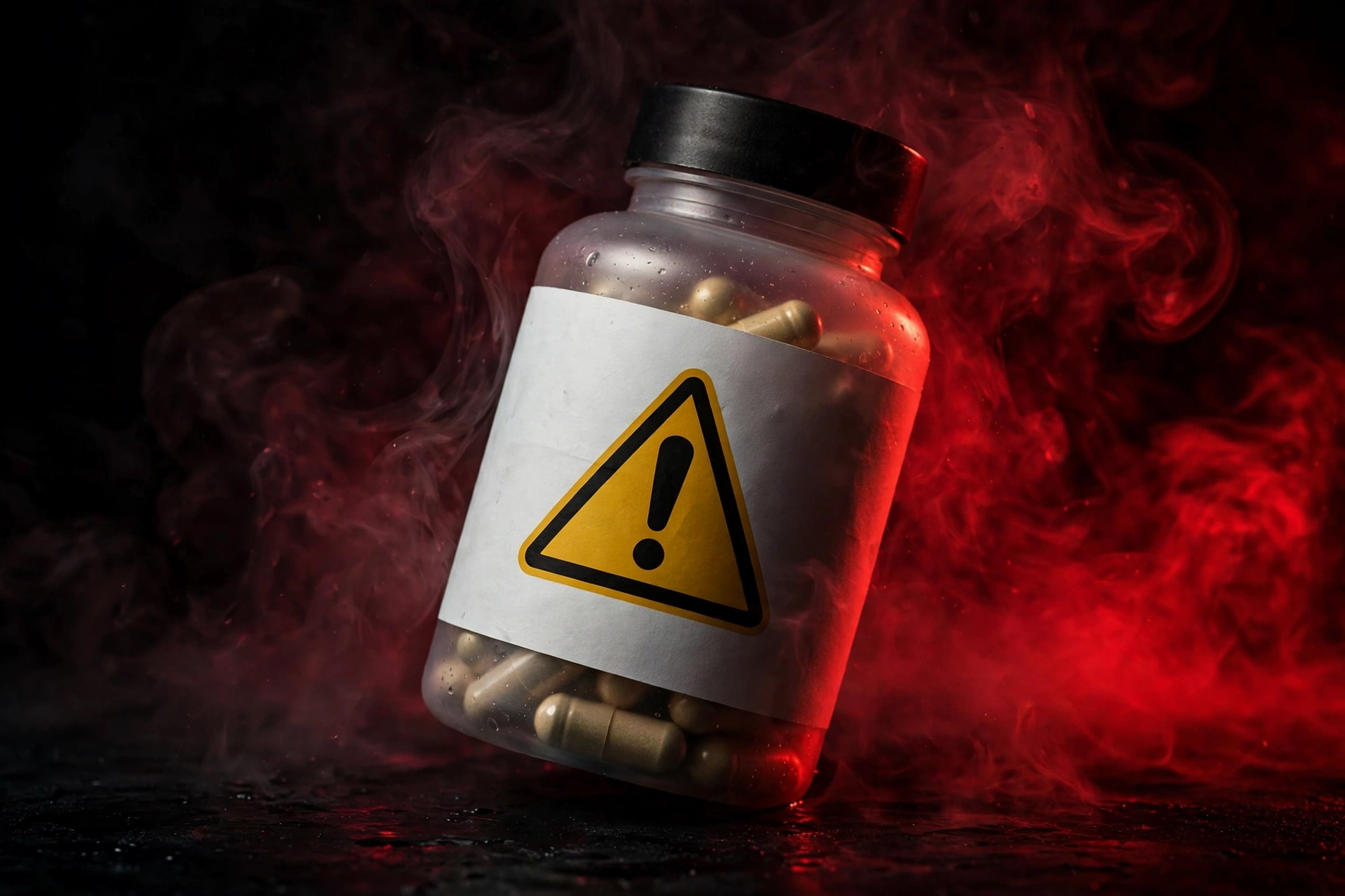 Supplement bottle with a caution warning symbol, representing red flags in marketing