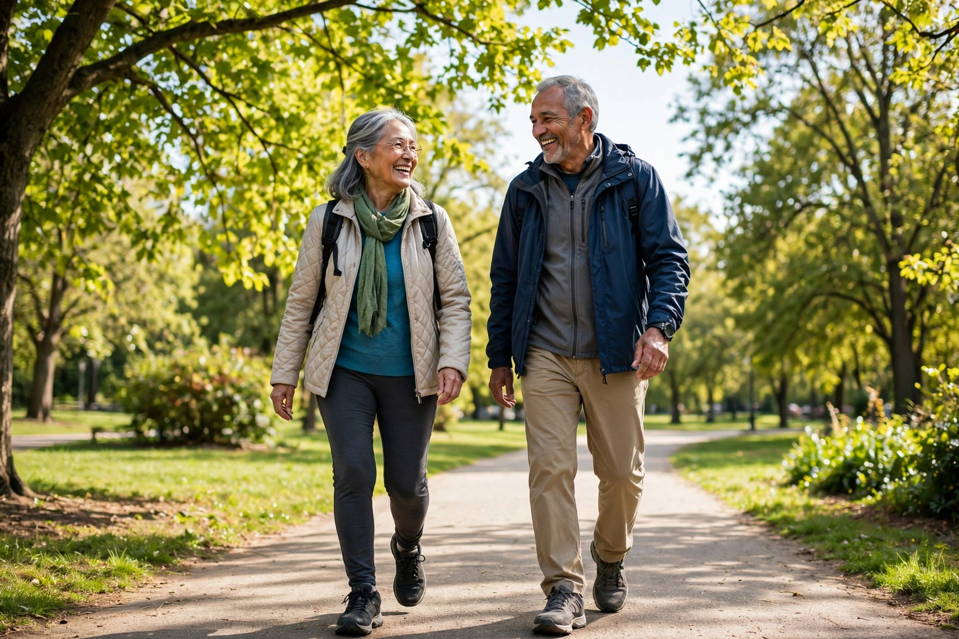 Older couple walking together on a sunny park path