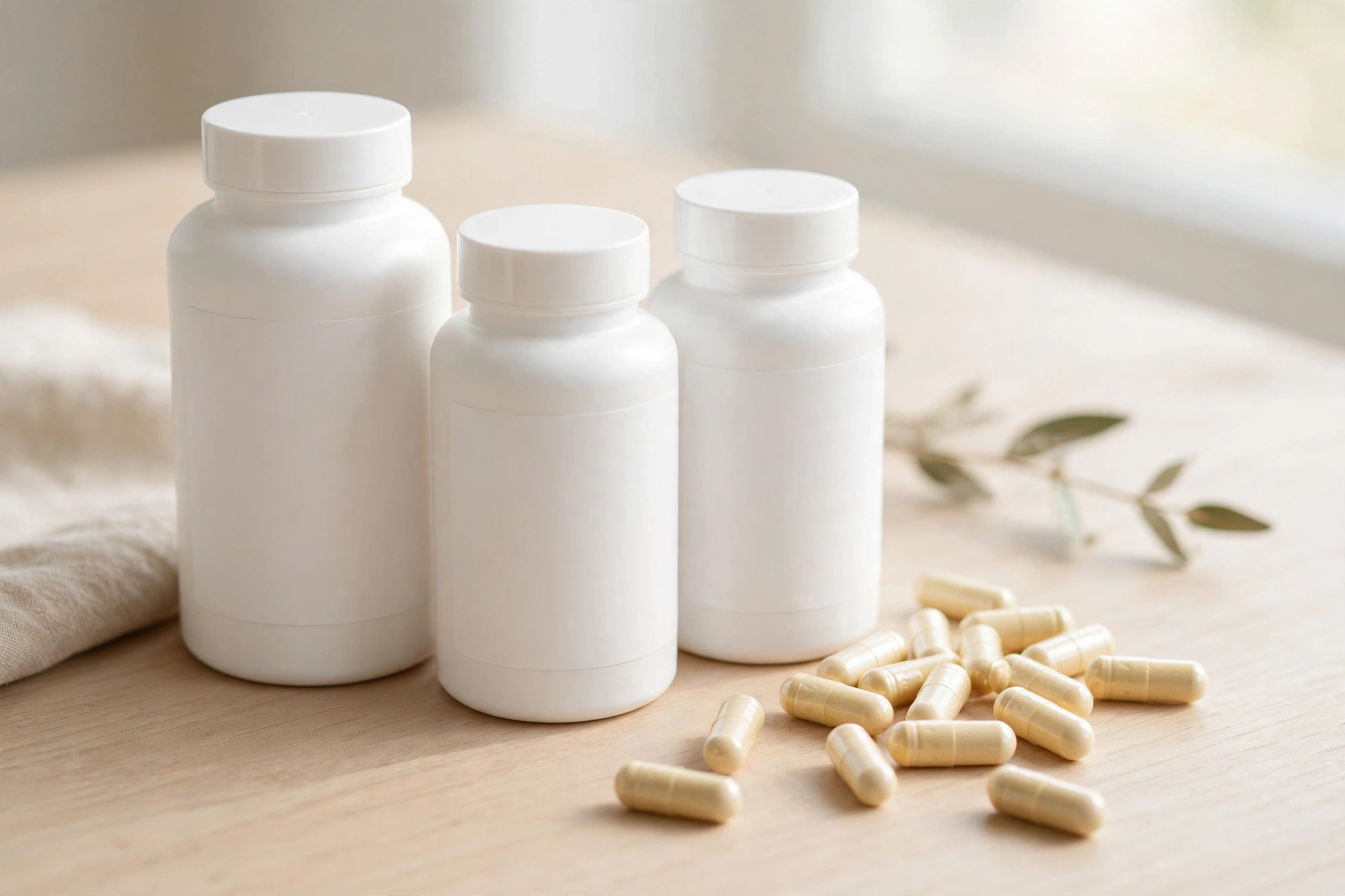 Joint health supplement bottles with capsules on a wooden table
