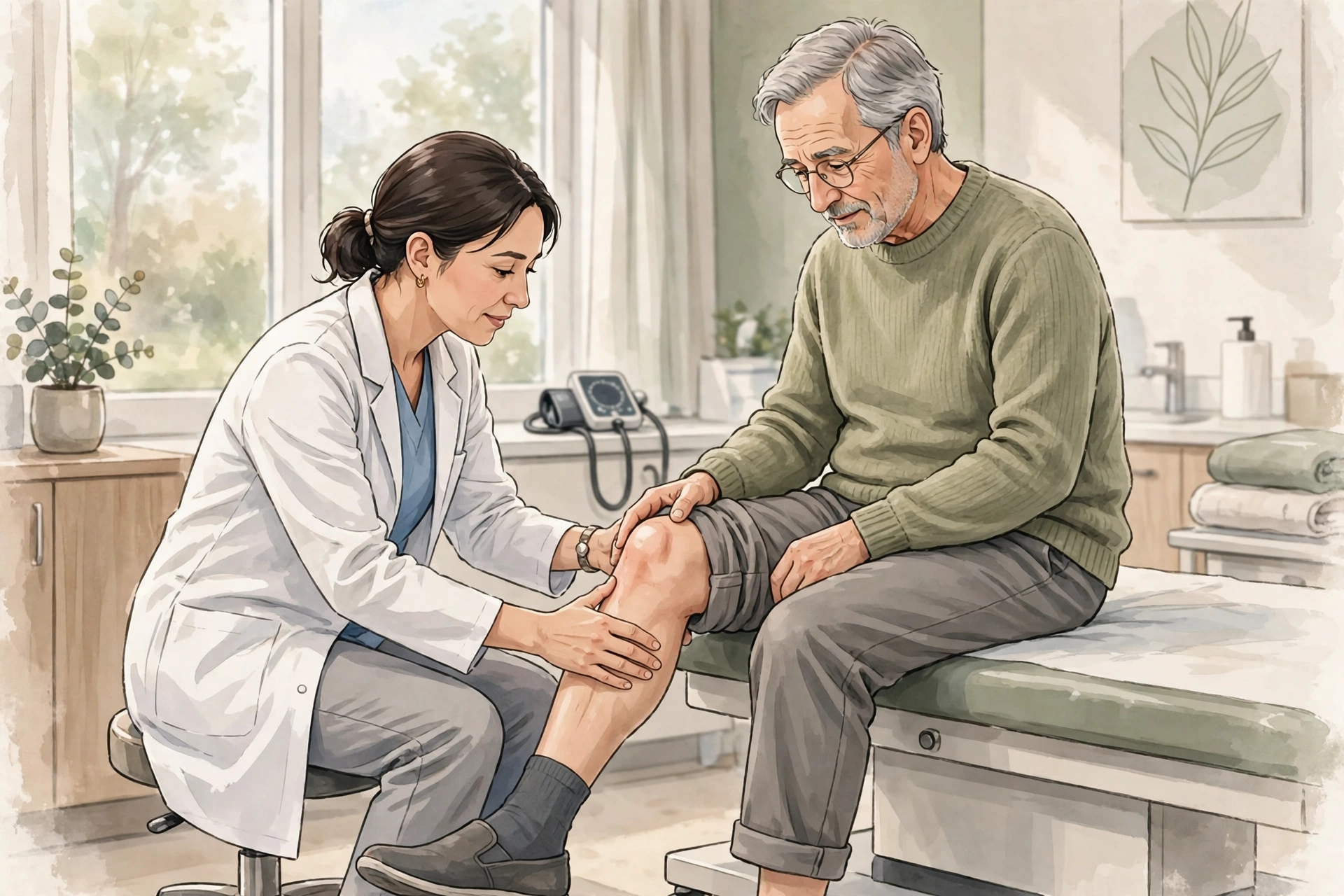 Doctor gently examining an older patient's knee in a bright clinic