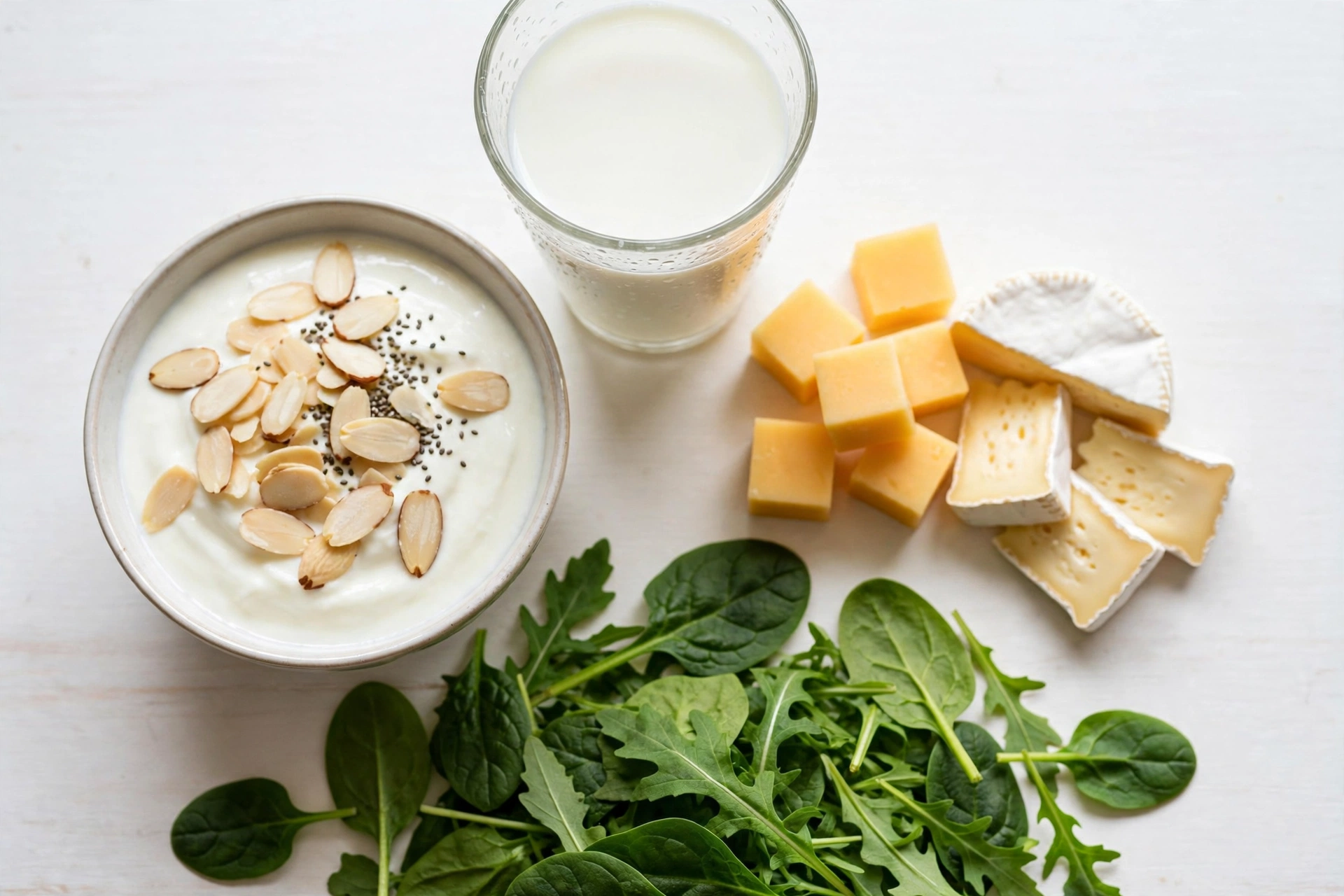 Milk, yogurt, cheese, and leafy greens arranged as bone-supporting foods