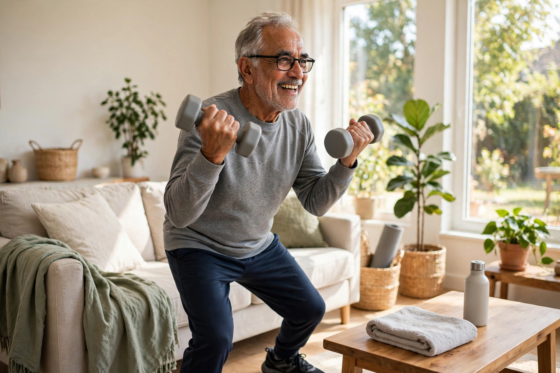 Older adult lifting light dumbbells at home