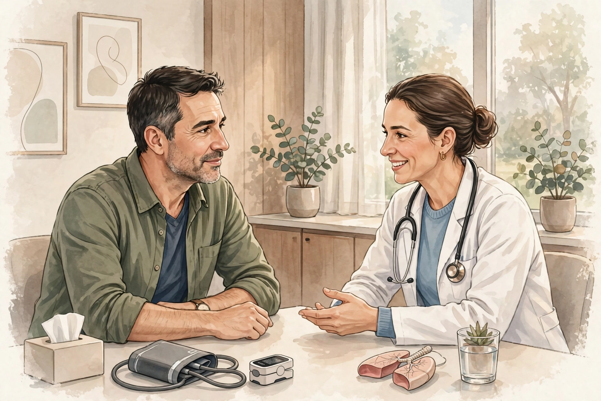 Middle-aged man consulting with a doctor in a clinic office