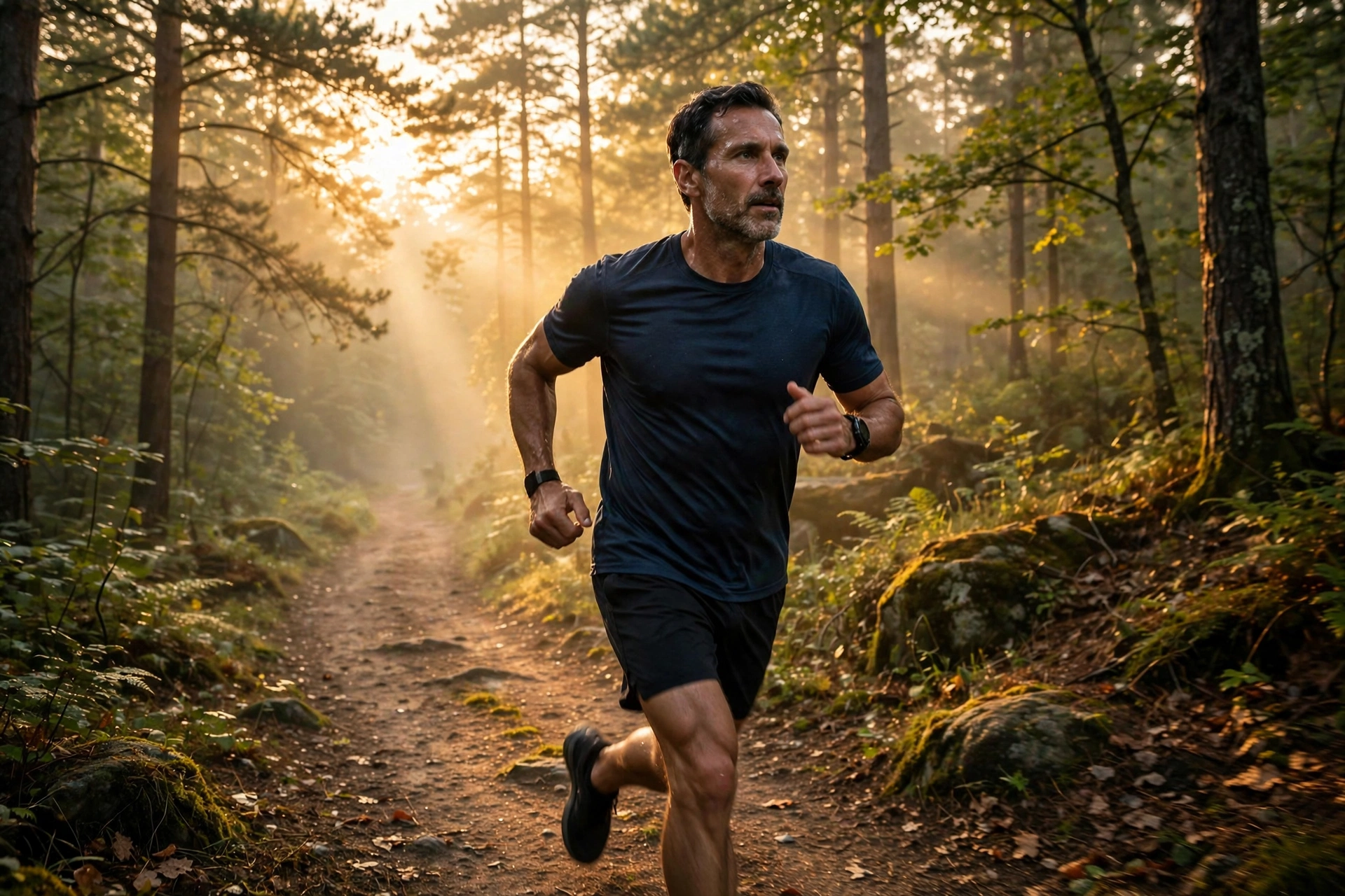 Middle-aged man jogging on a forest trail at sunrise