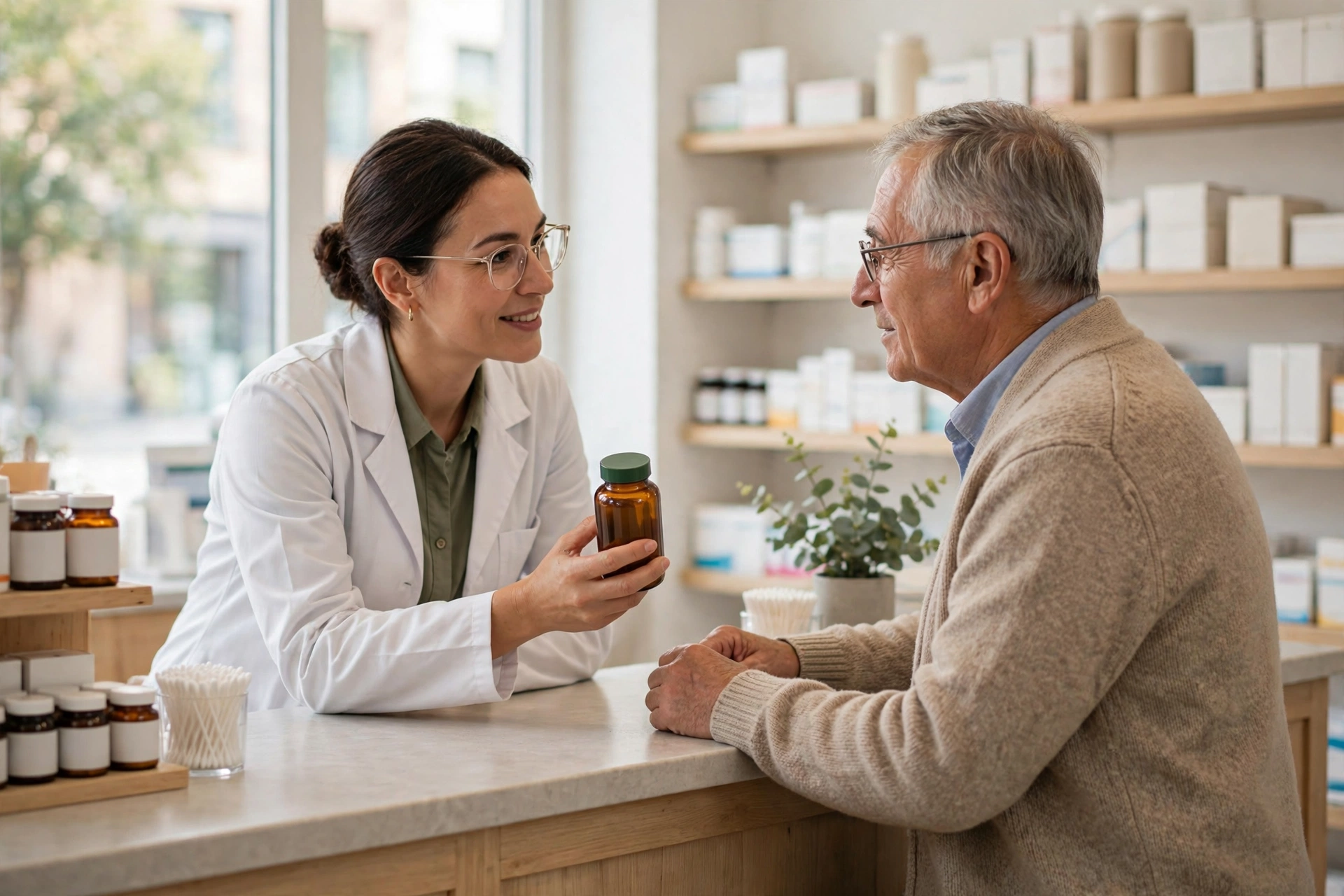Pharmacist advising an older customer at a pharmacy counter