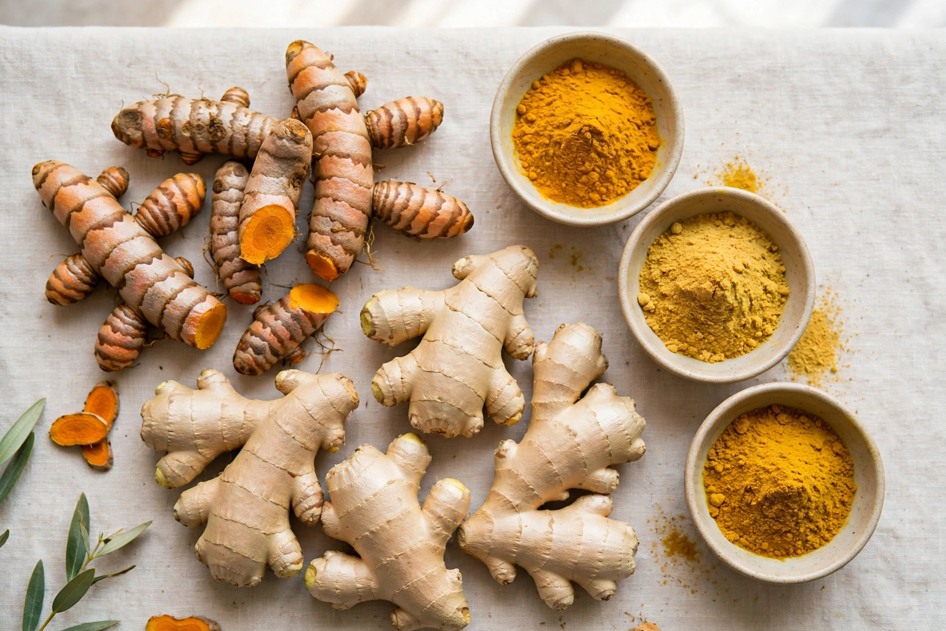 Turmeric roots, ginger roots, and golden spices for joint health
