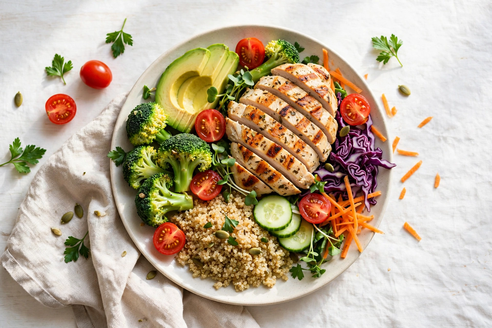 Balanced healthy plate with vegetables, lean protein, and whole grains