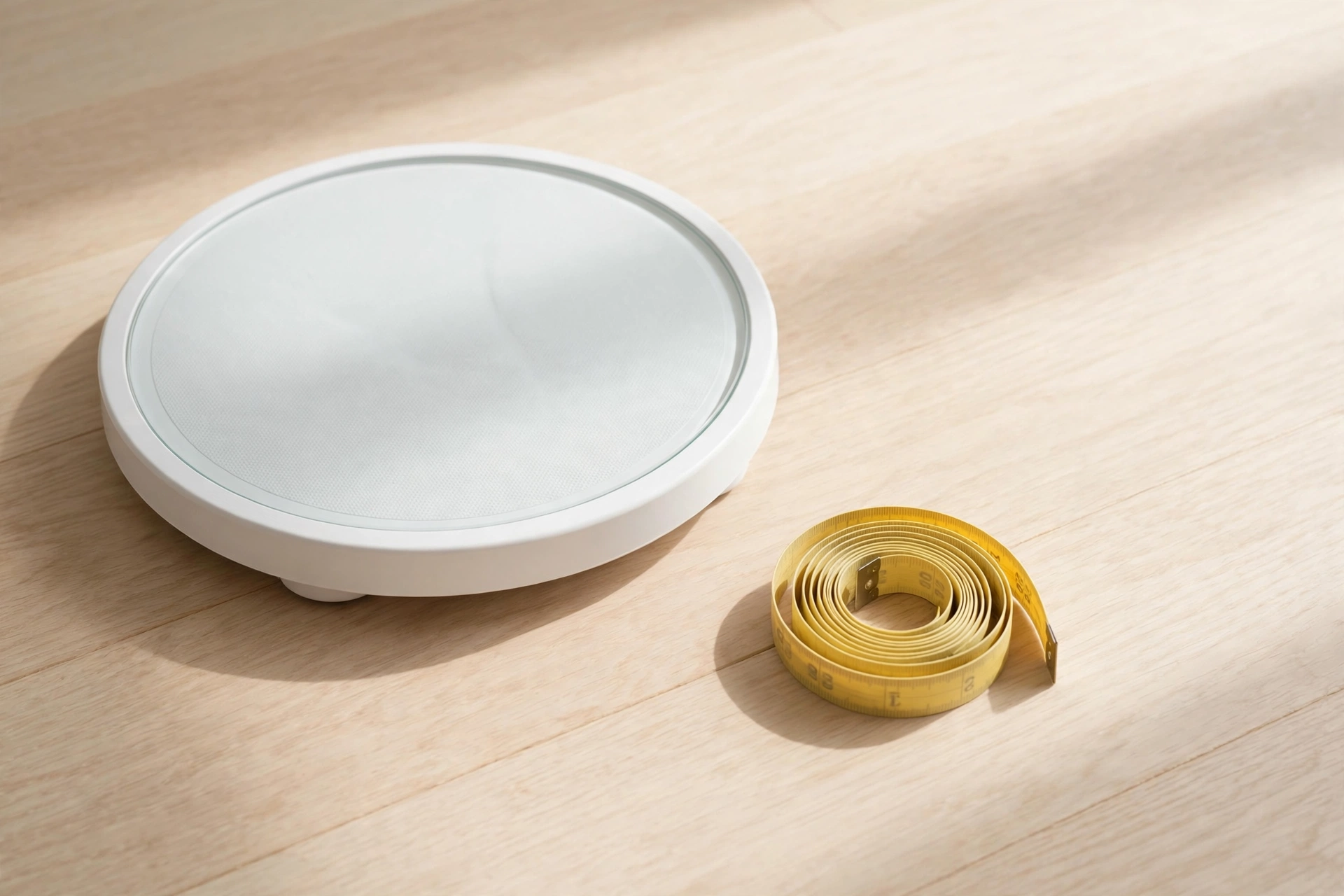 Bathroom scale and measuring tape on a wooden floor