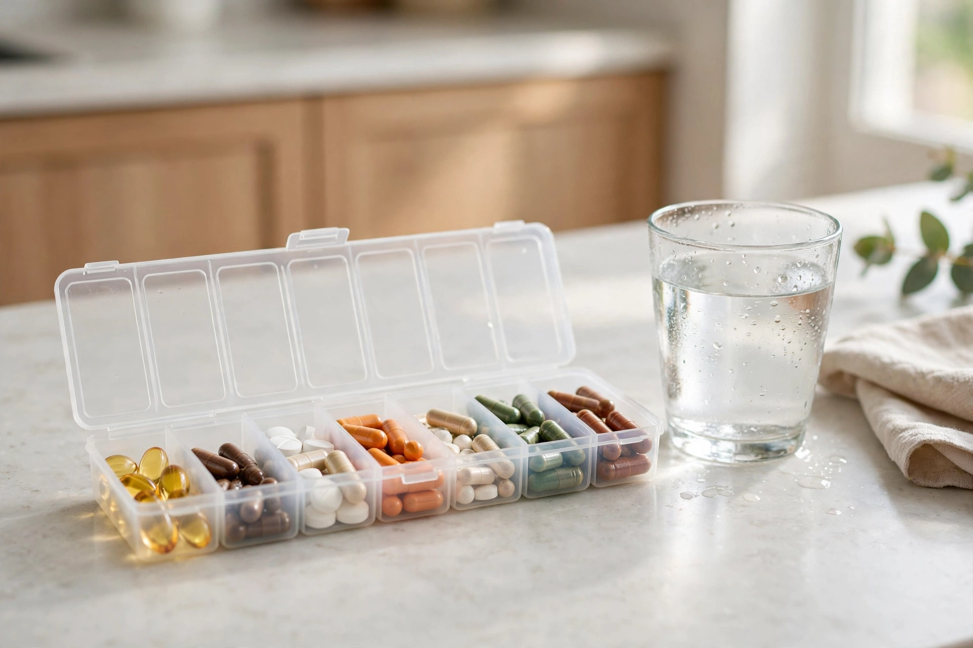 Weekly pill organizer filled with vitamins next to a glass of water