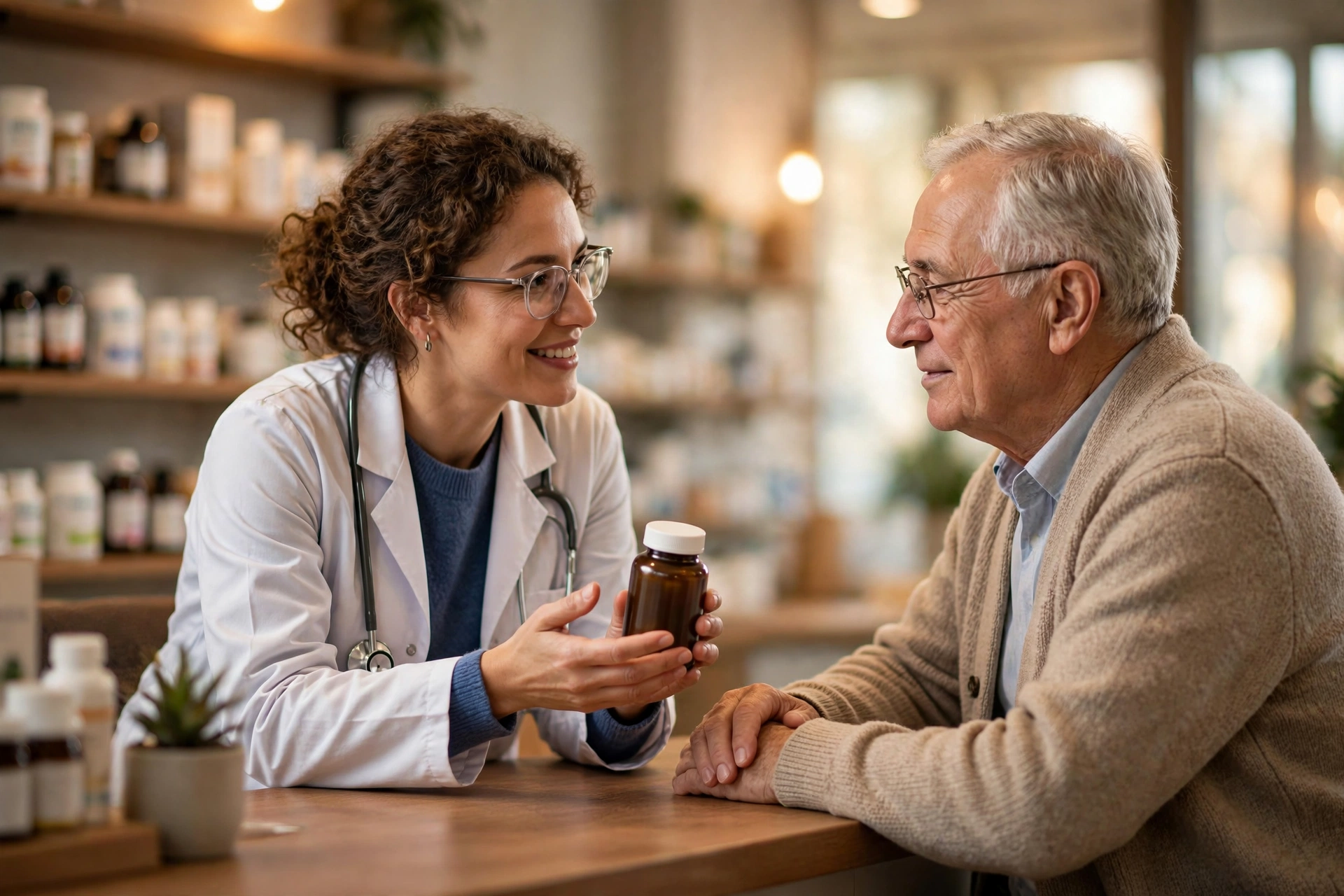 Pharmacist explaining a supplement bottle to an older adult