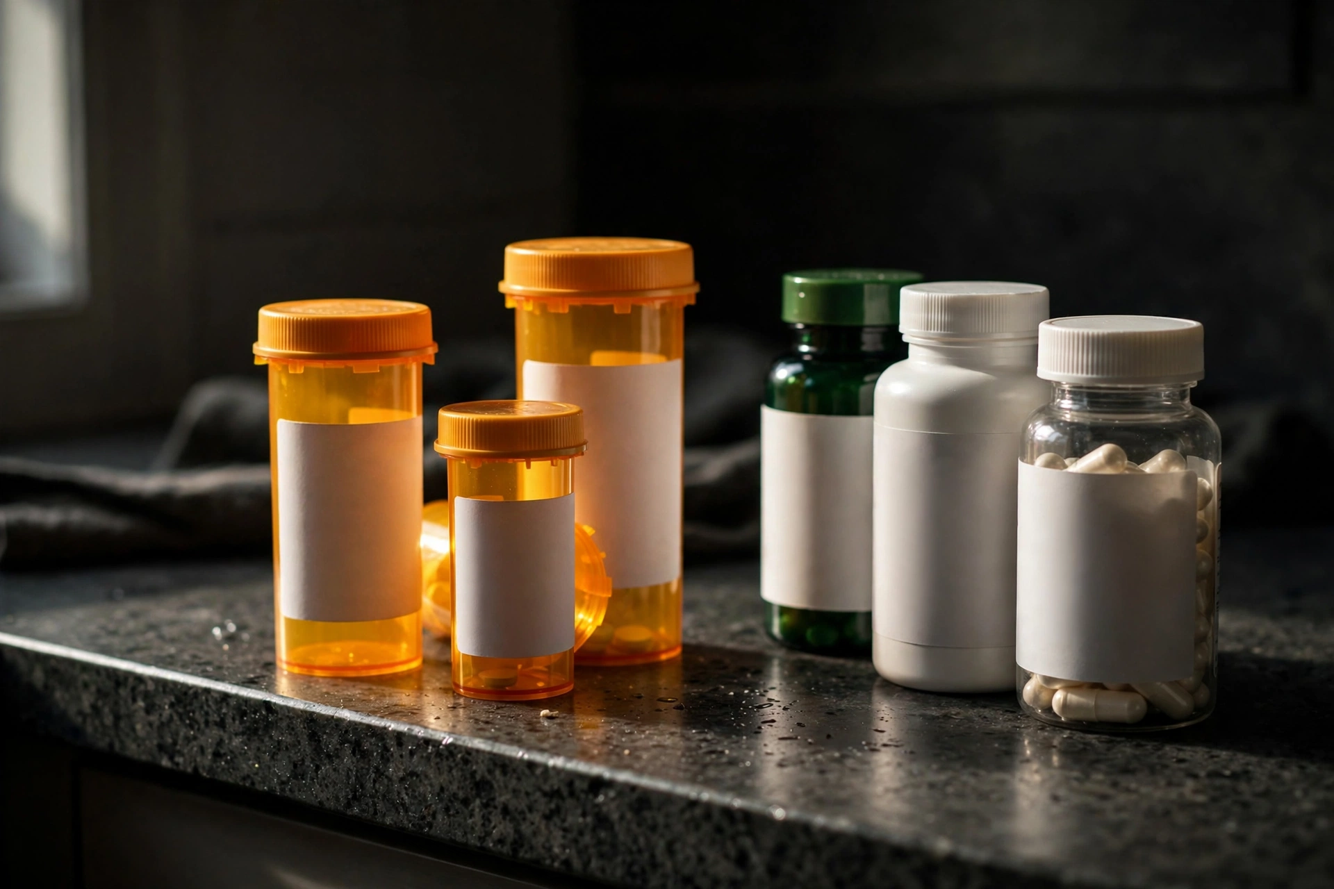 Prescription medicine bottles next to supplement bottles, representing interaction risks