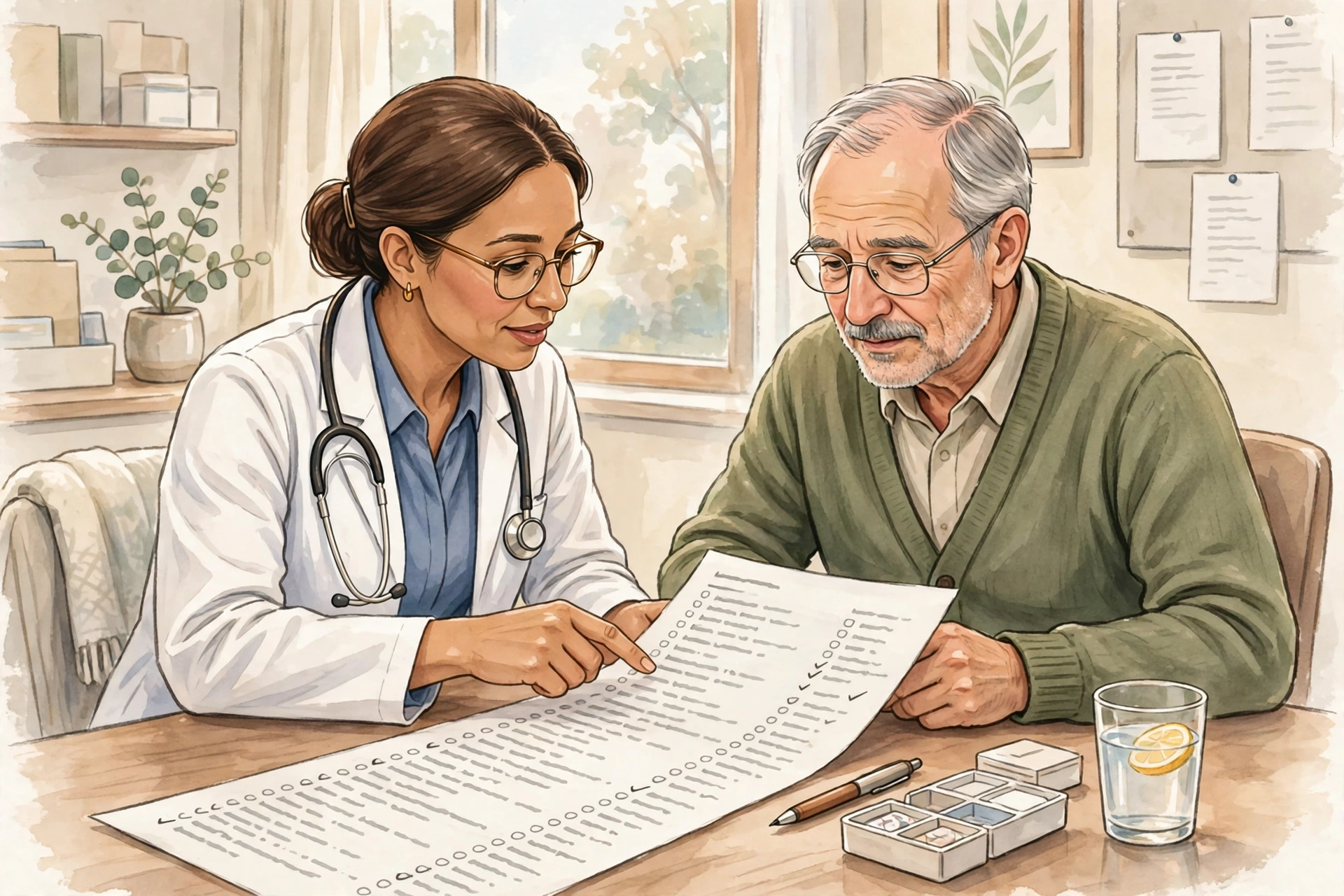 Doctor reviewing a medication list with an older patient