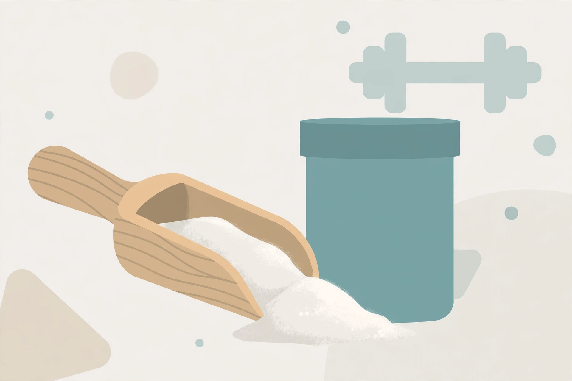 Editorial illustration of creatine powder with a scoop beside a supplement container