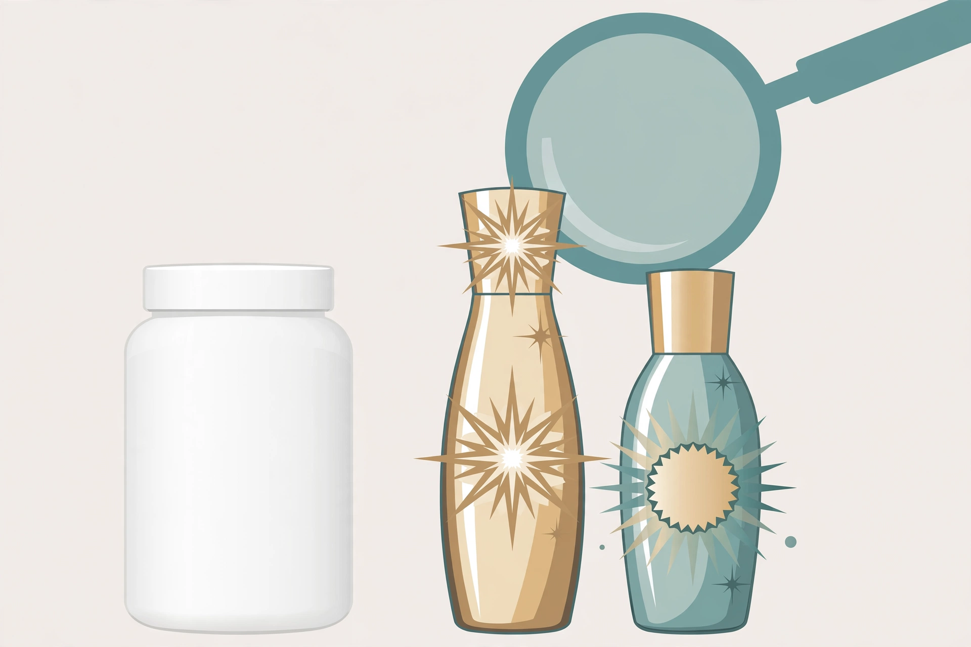 Illustration comparing plain creatine monohydrate with premium marketed forms under a magnifying glass