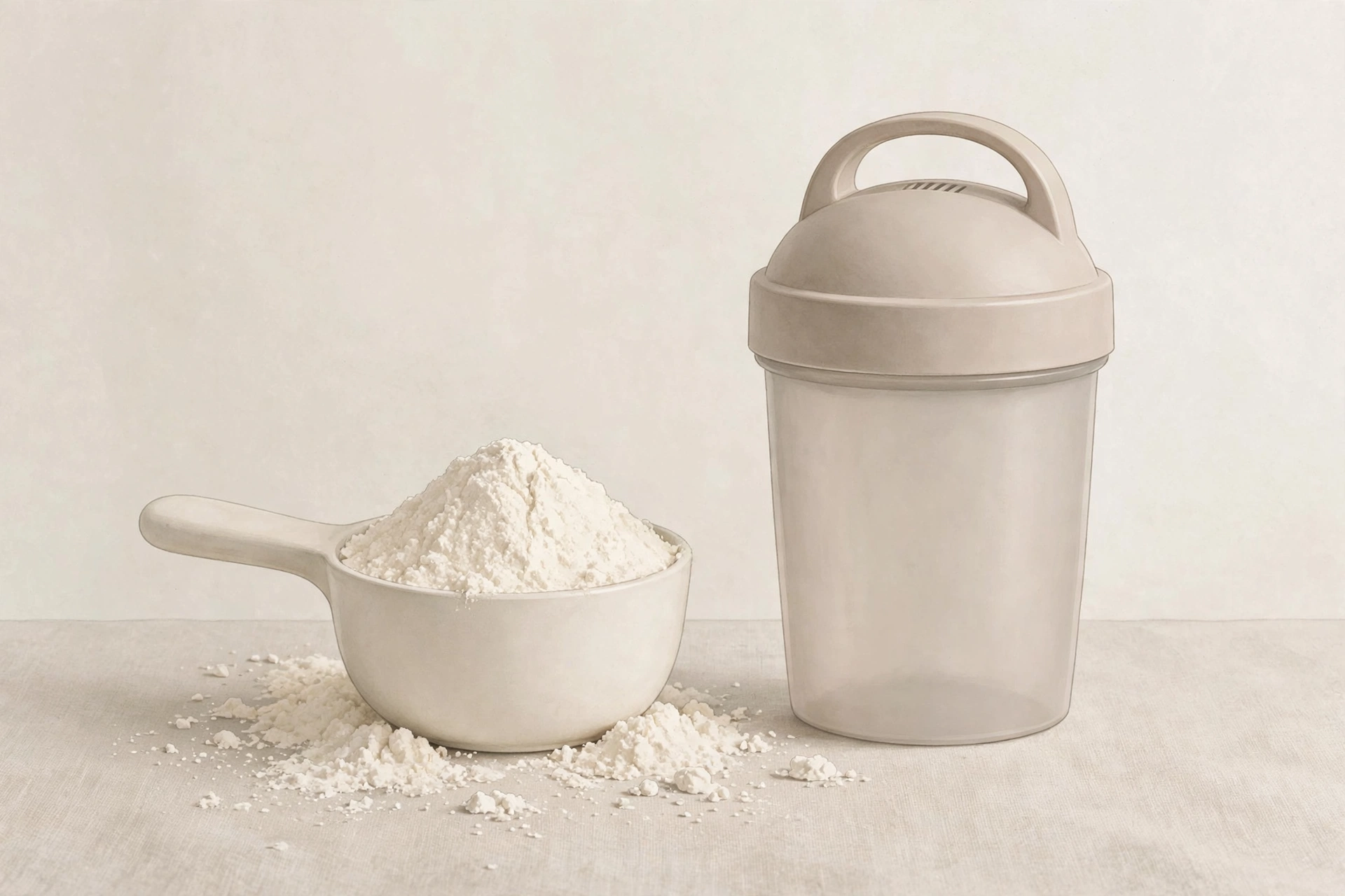 Editorial illustration of whey protein powder with a scoop beside a shaker bottle
