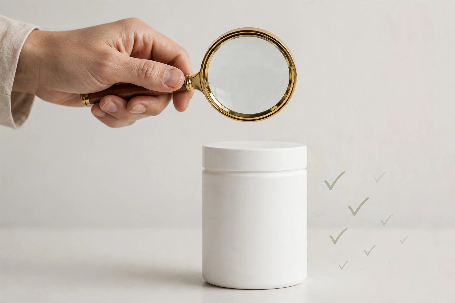 Illustration of checking a whey protein label for third-party testing verification