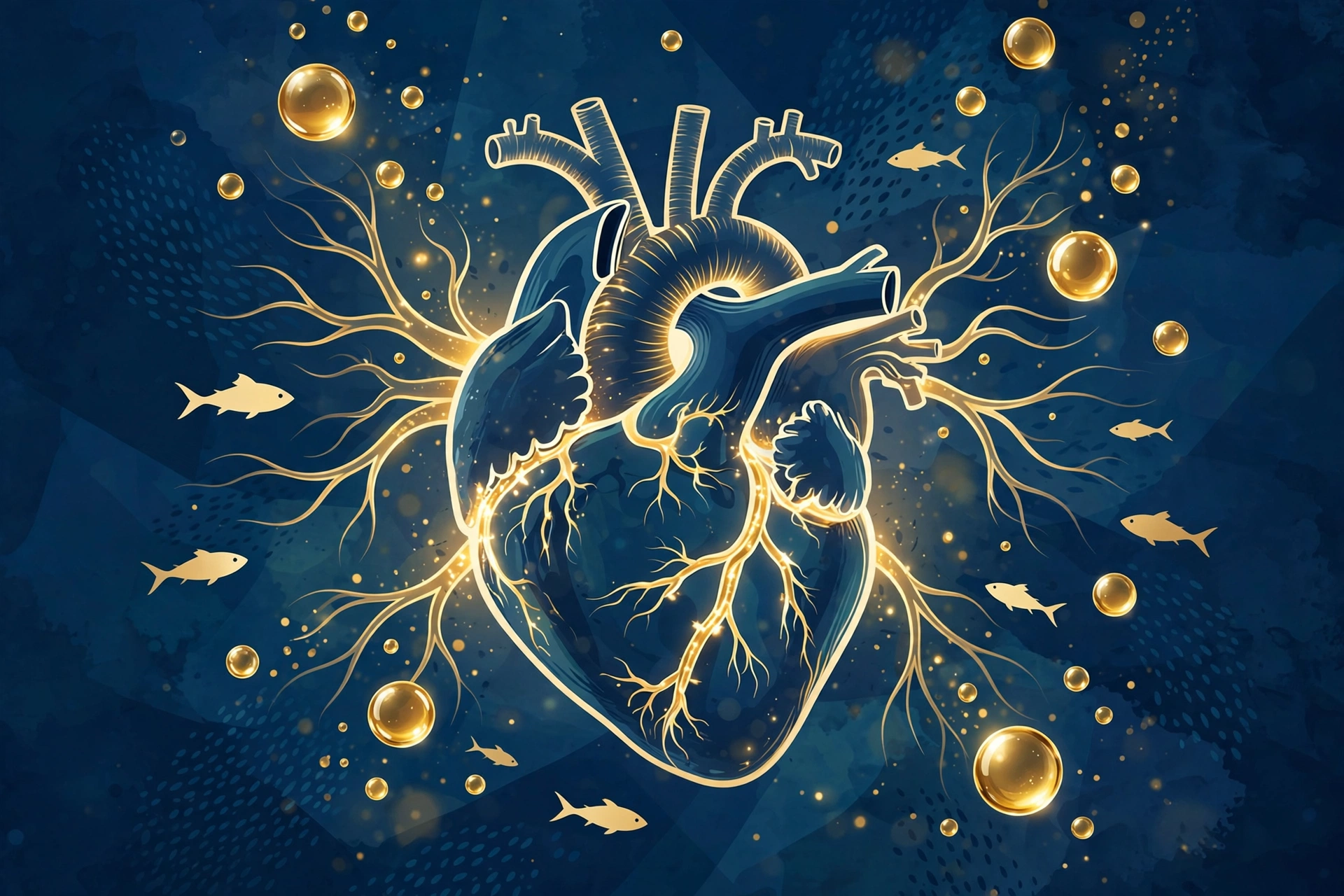Stylized heart with blood vessels surrounded by omega-3 oil droplets and small fish silhouettes