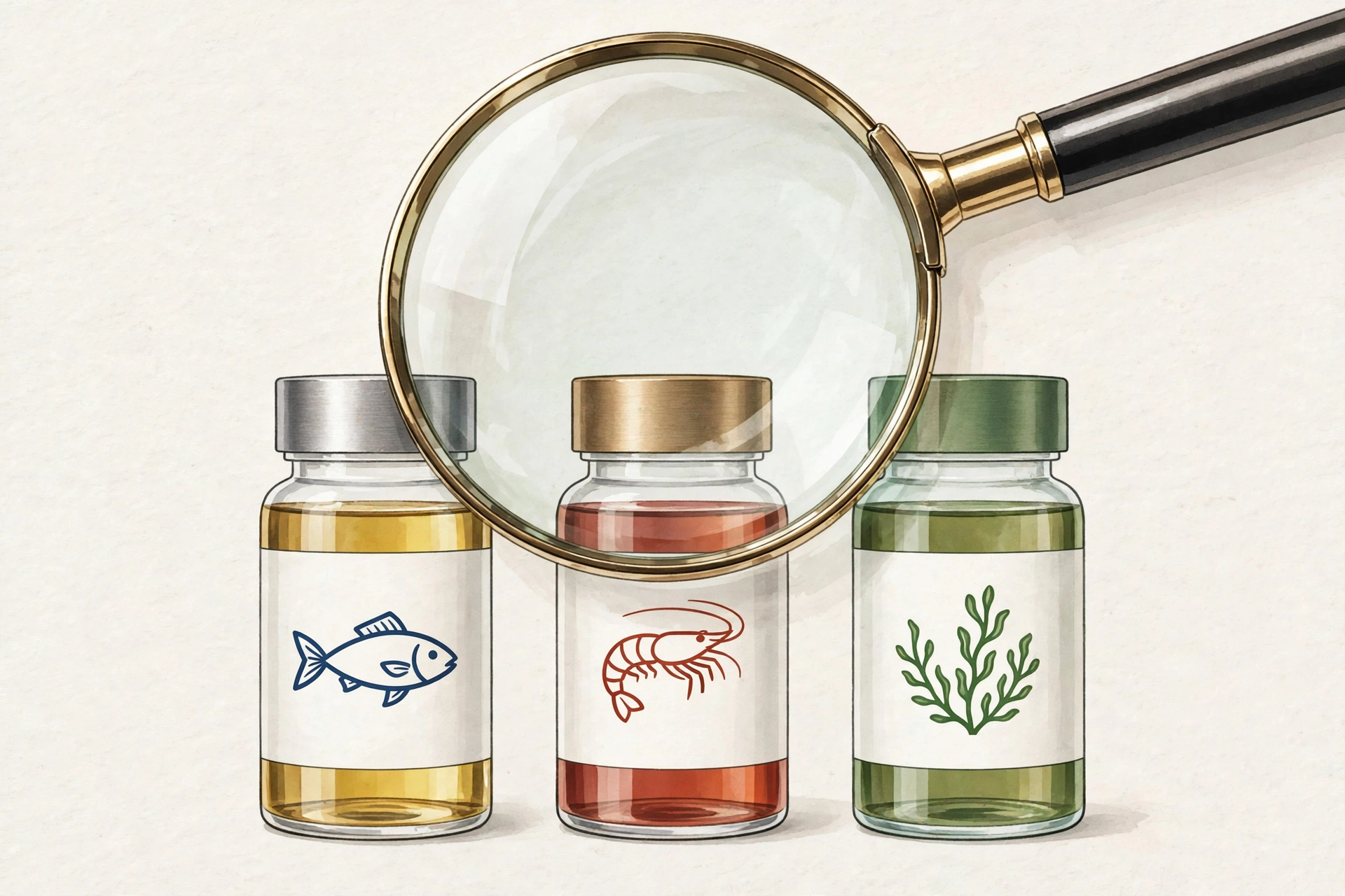 Three omega-3 supplement bottles representing fish, krill, and algal oil under a magnifying glass