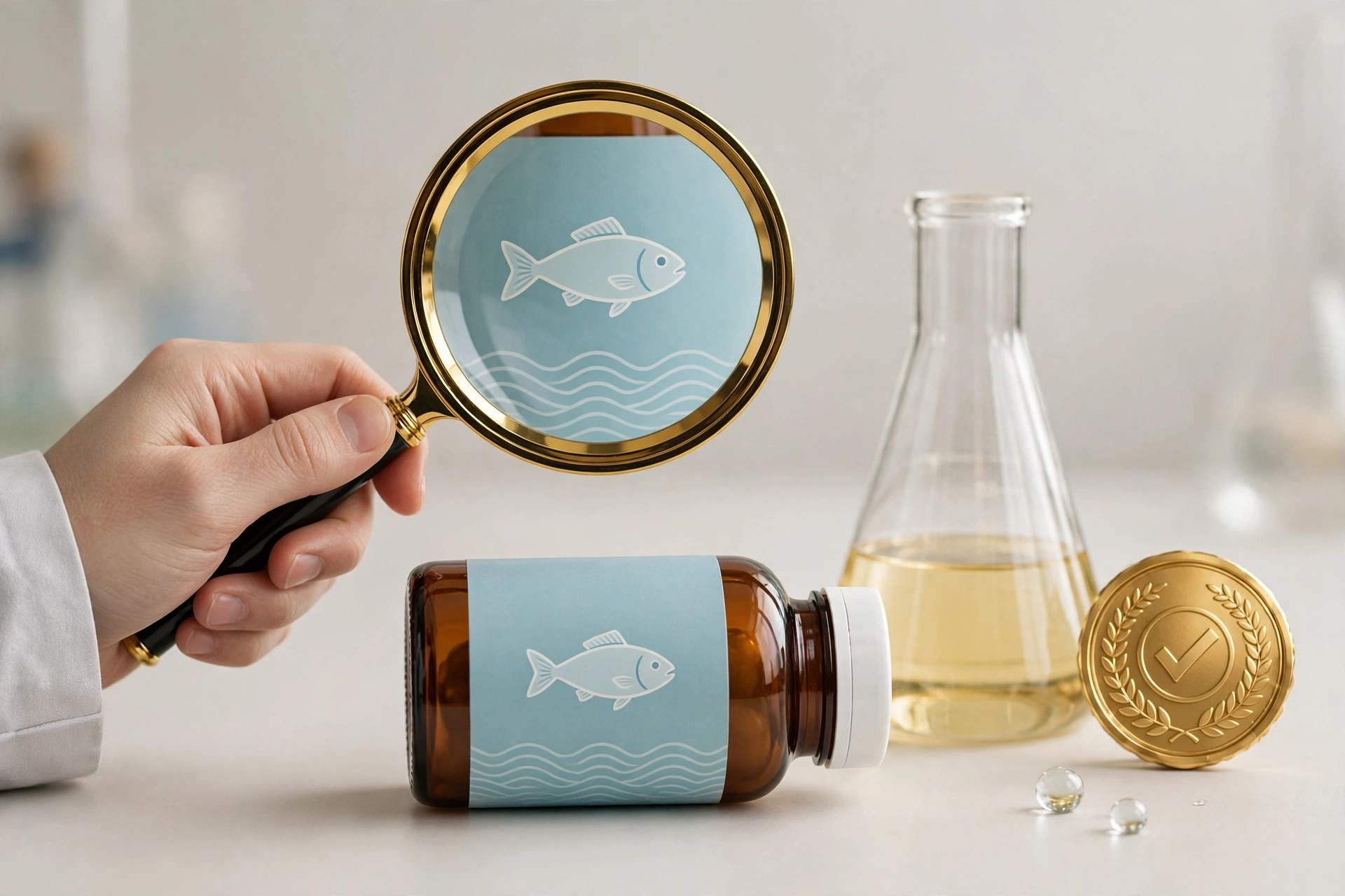 Hand holding a magnifying glass over a fish oil bottle label beside a laboratory flask and a gold quality seal
