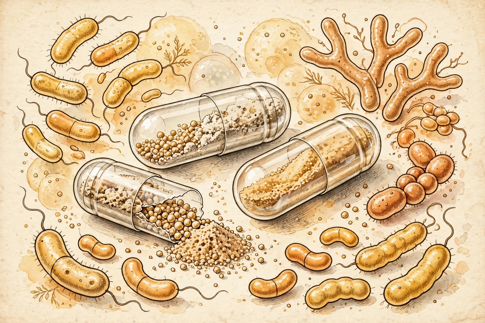 Editorial illustration of probiotic capsules surrounded by beneficial gut bacteria