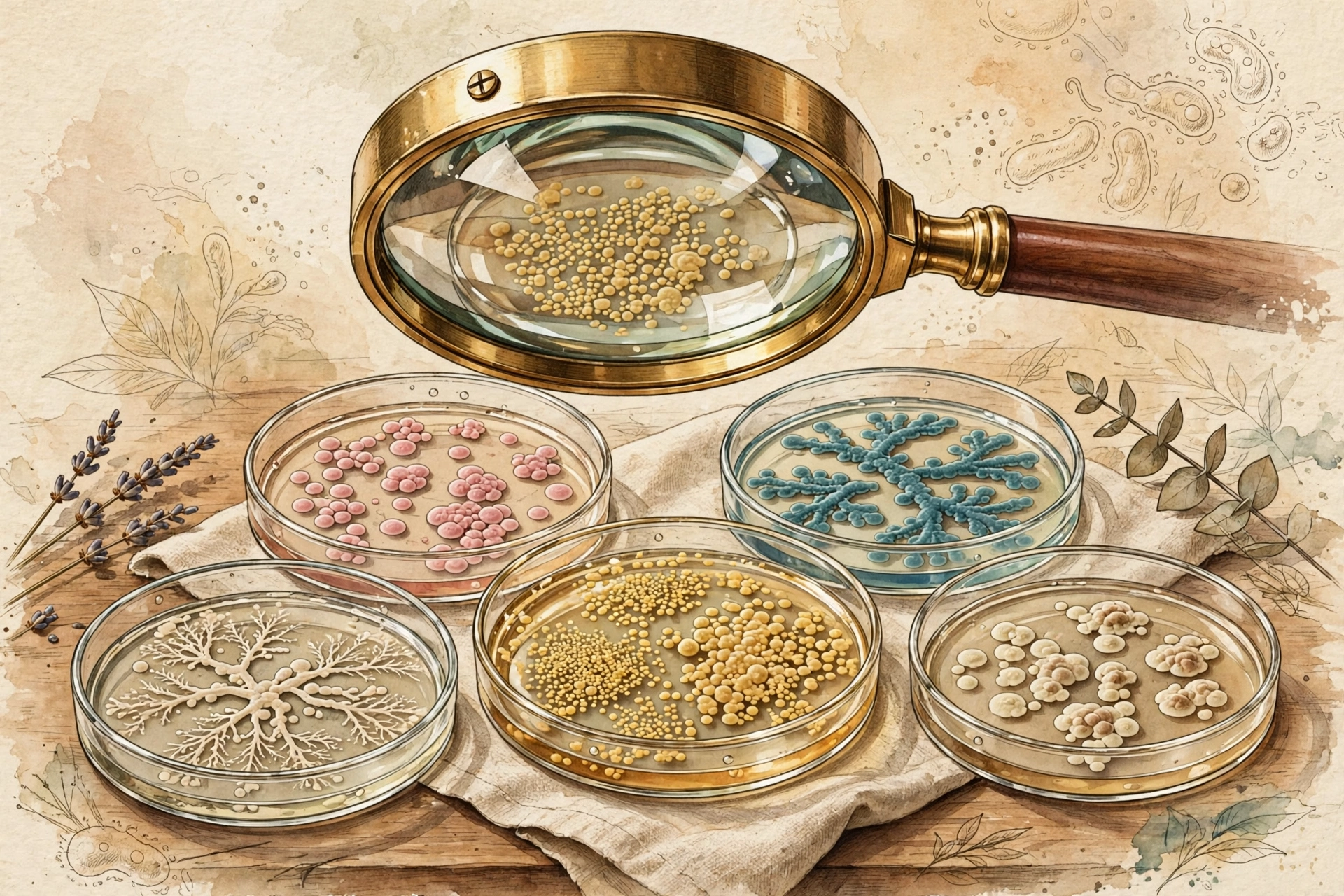 Illustration of distinct probiotic strains in petri dishes under a magnifying glass