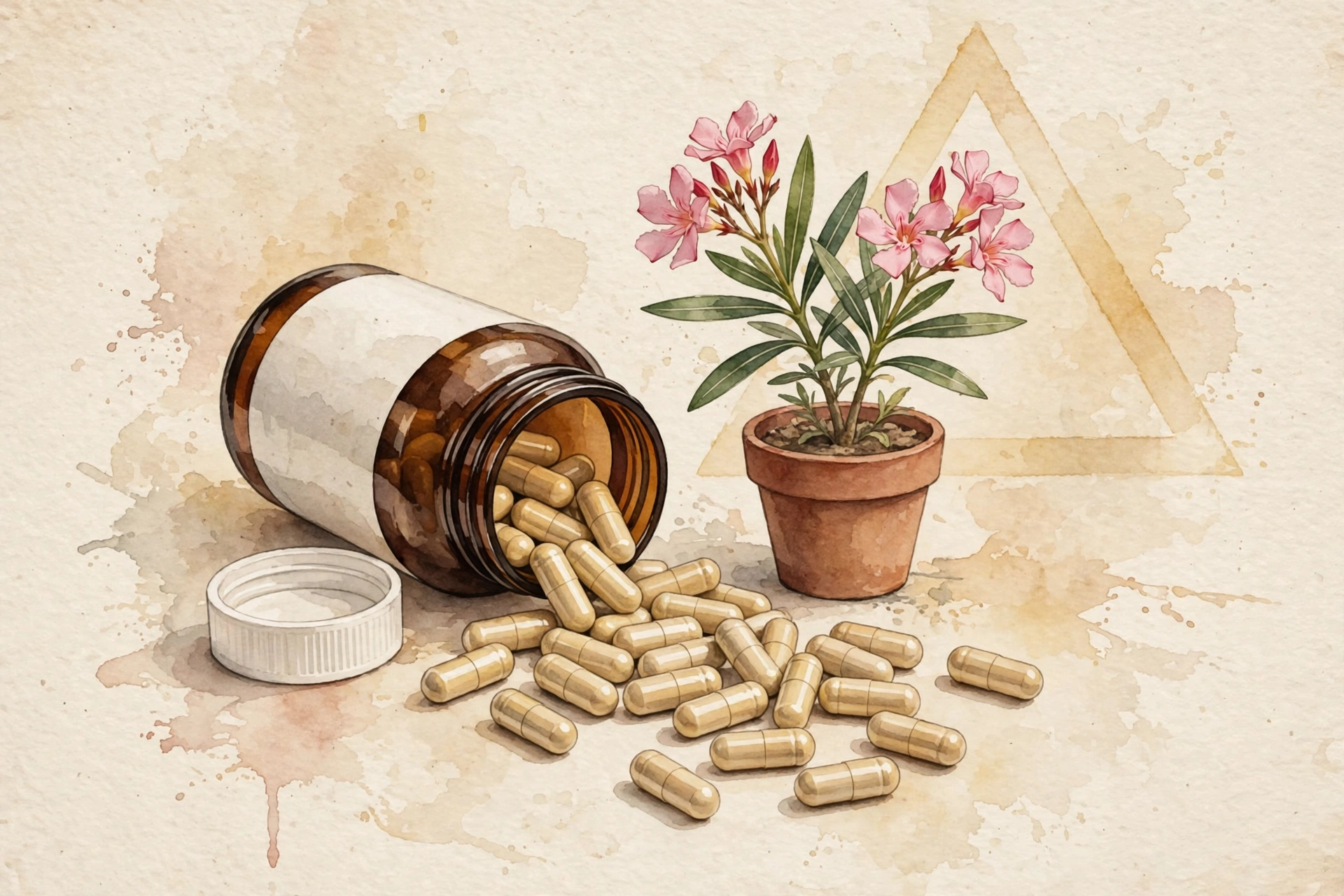 Supplement bottle with capsules beside an oleander plant and a warning symbol