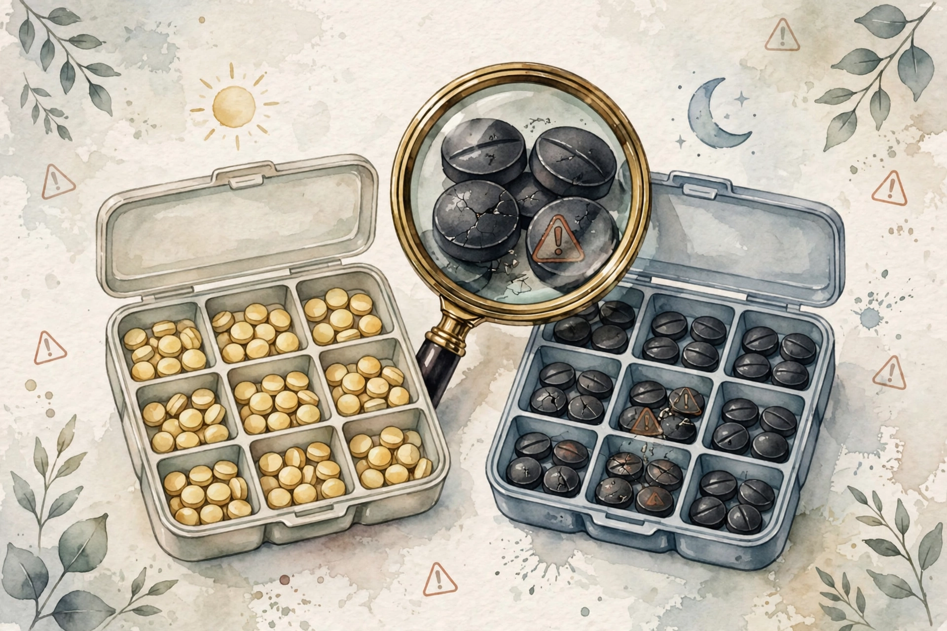 Day and night pill organizers under a magnifying glass revealing hidden tablet contents