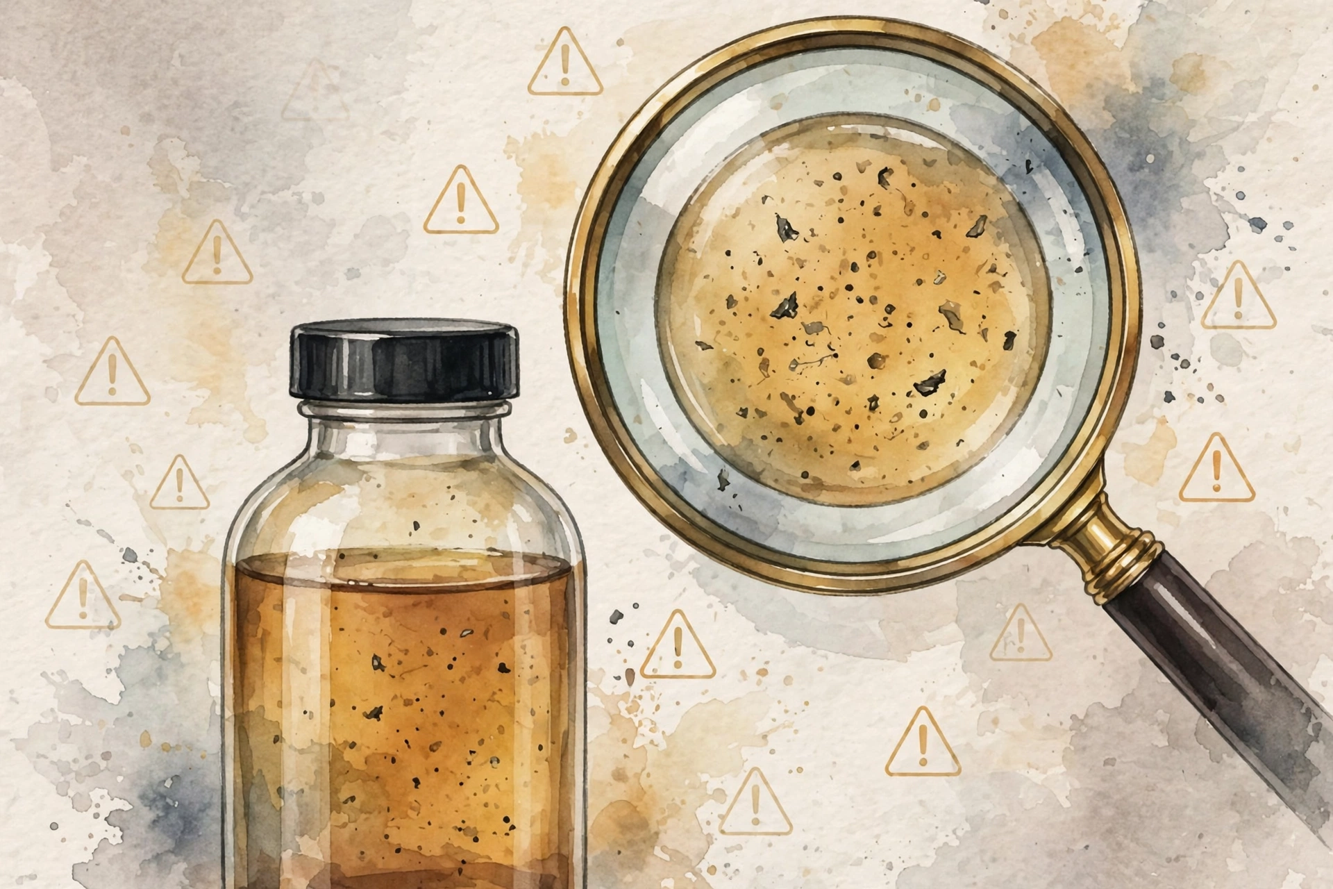 Liquid multivitamin bottle with magnifying glass revealing dark particles in the liquid