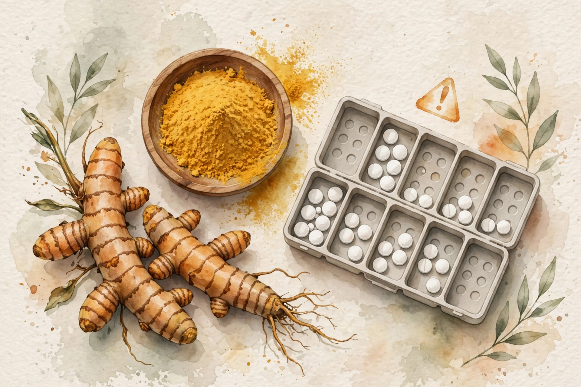 Turmeric roots and golden powder beside a weekly pill organizer