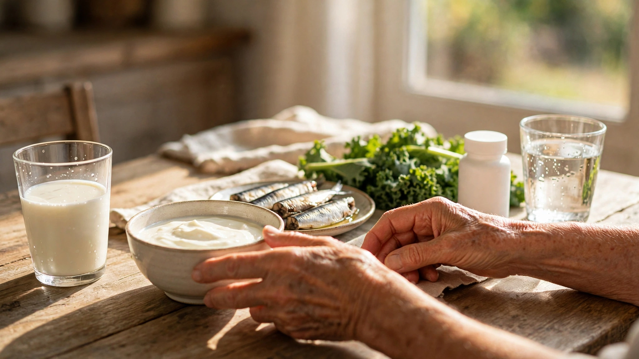 An older adult's hands on a sunlit kitchen table with milk, yogurt, sardines, kale, a glass of water, and an unmarked supplement bottle.