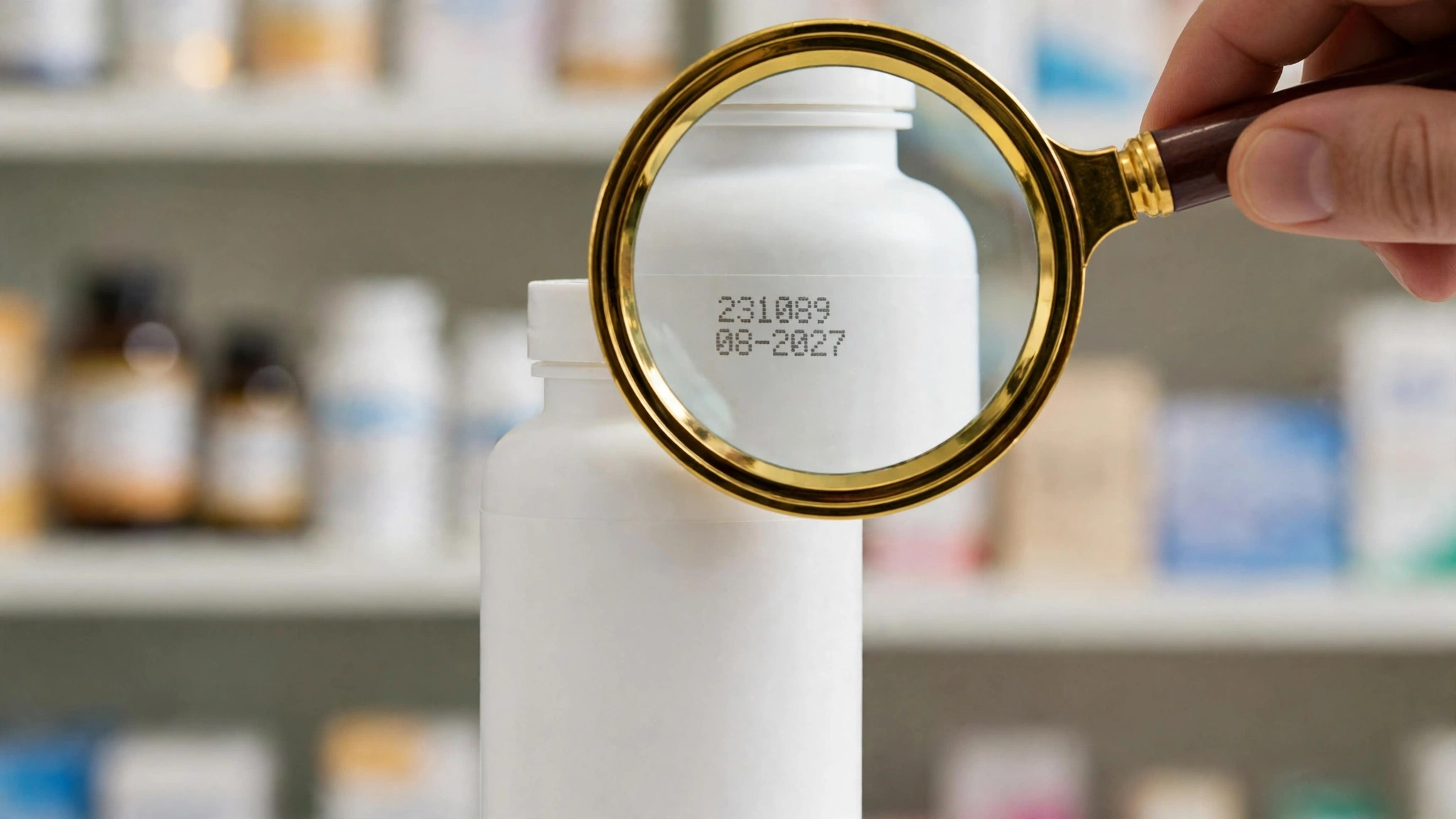 Magnifying glass over a supplement bottle's printed lot code and expiration date label