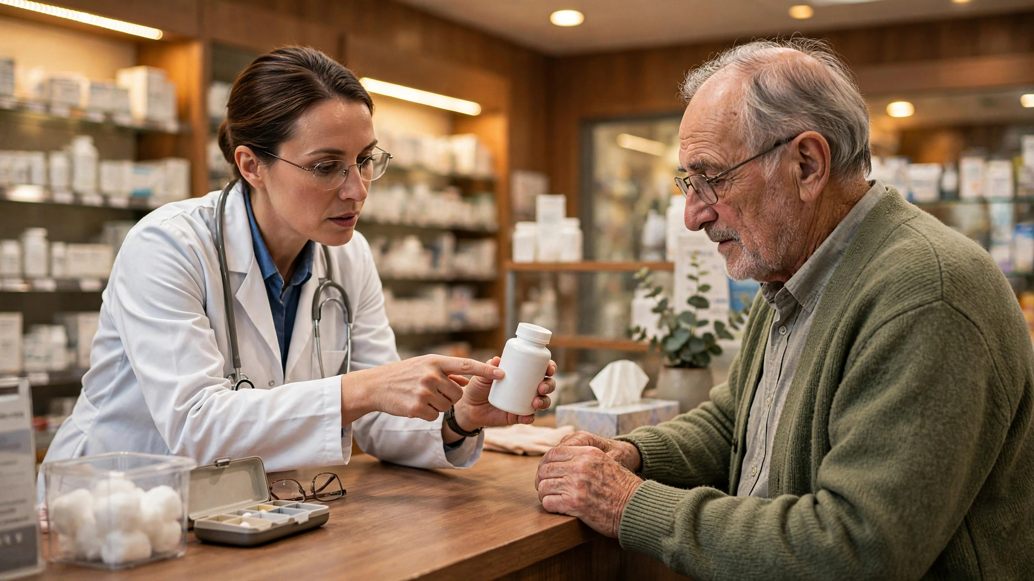 Pharmacist at a pharmacy counter warning an older customer about a supplement bottle