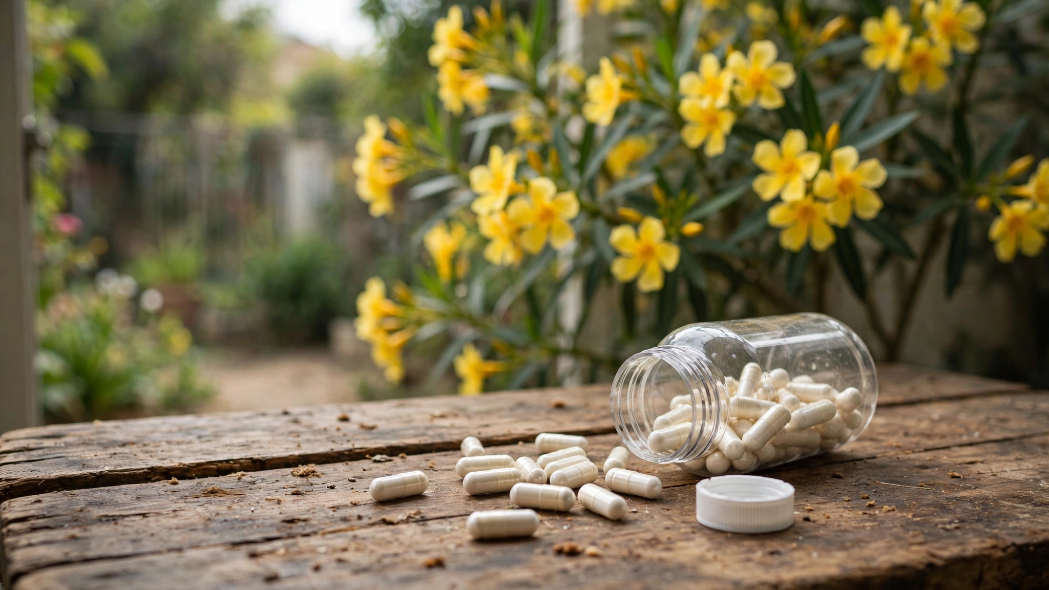 Yellow oleander shrub with yellow blossoms behind a bottle of white supplement capsules